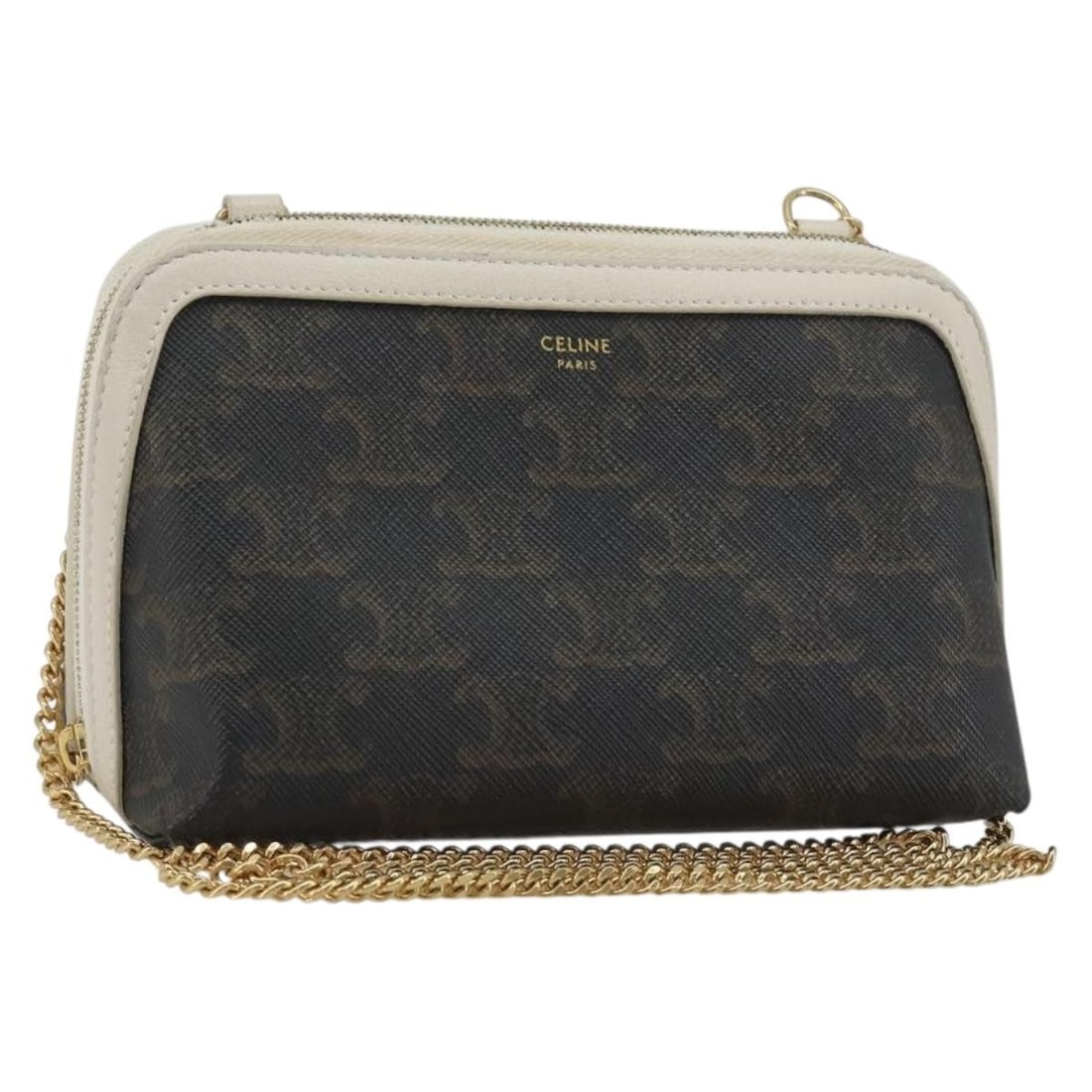 CELINE Triomphe PVC Leather Shoulder Bag Black Gold Tone: CELINE Triomphe PVC Leather Shoulder Bag Black Gold Tone Celine Triomphe chain shoulder bag in black PVC leather with gold-tone accents. Made in Italy, this women's shoulder bag includes a dust bag. C