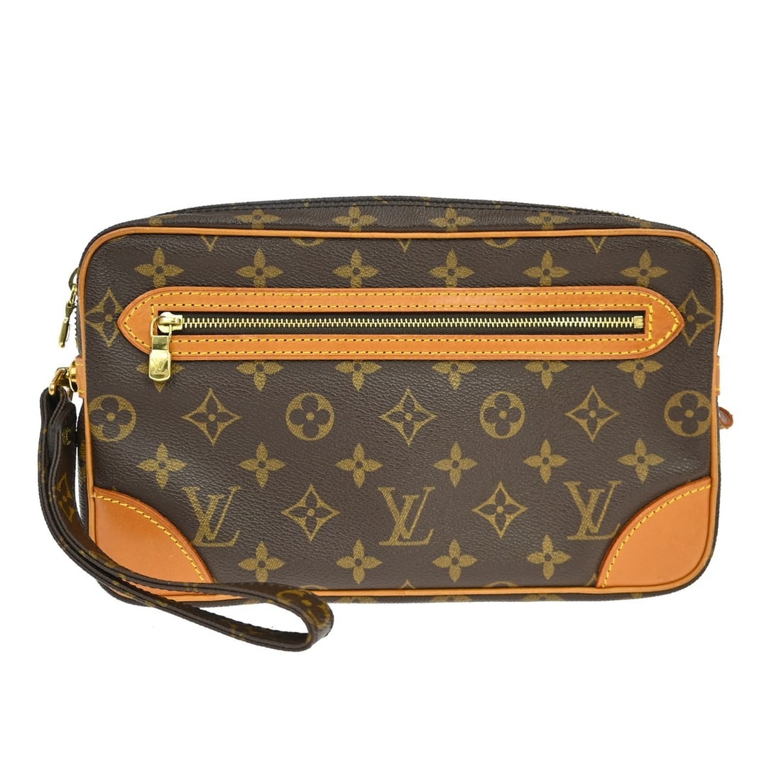 Louis Vuitton Marly Dragonne GM Monogram Clutch M51825: Louis Vuitton Marly Dragonne GM Monogram Clutch M51825 Vintage Louis Vuitton Marly Dragonne GM clutch bag in brown Monogram canvas with leather trim. This unisex clutch shows reasonable wear and tear,