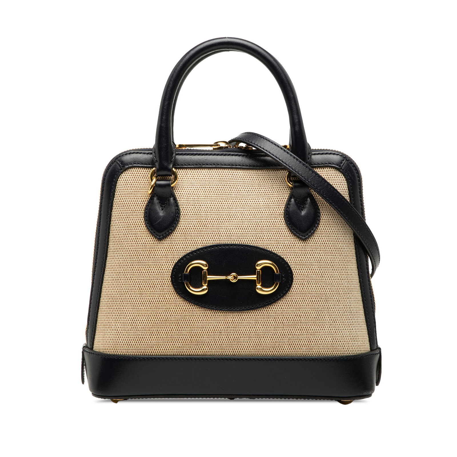 Gucci Horsebit 1955 Small Satchel in Beige Canvas: Gucci Horsebit 1955 Small Satchel in Beige Canvas Gucci Horsebit 1955 satchel in beige canvas with leather trim. This small satchel features rolled leather handles, a detachable flat leather shoulder 
