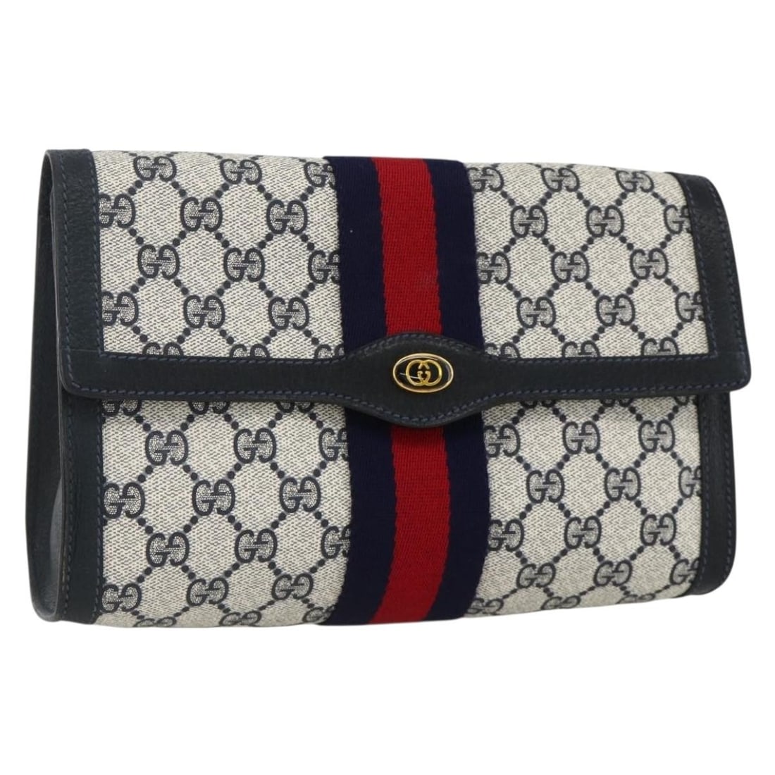 Navy and Red GG Supreme Sherry Line Clutch by Gucci PVC Leather: Navy and Red GG Supreme Sherry Line Clutch by Gucci PVC Leather This GUCCI GG Supreme Sherry Line clutch bag features a stylish navy and red color combination, crafted from PVC leather and GG canvas. 