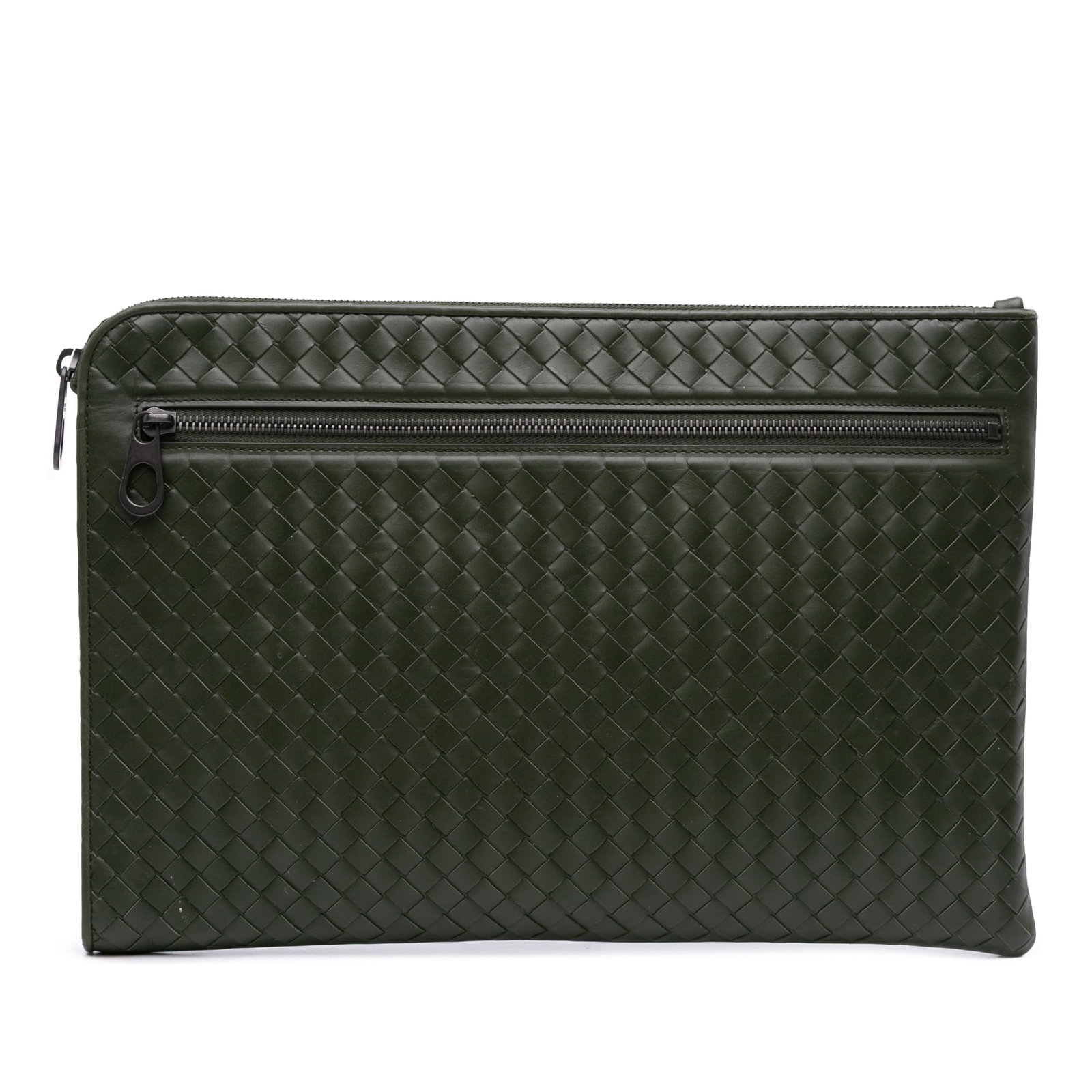 Green Leather Zip Clutch Bottega Veneta Nappa Intrecciato: Green Leather Zip Clutch Bottega Veneta Nappa Intrecciato Bottega Veneta Nappa Intrecciato clutch in green woven leather with a top zip closure, an exterior zip pocket, and interior slip pockets. Made