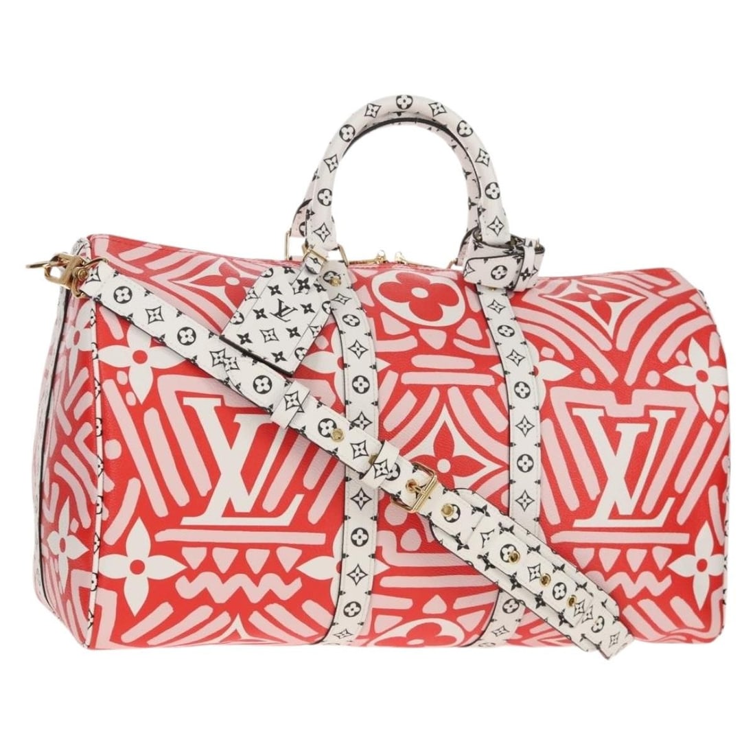LOUIS VUITTON Giant Crafty Keepall Bandouliere 45 Red Monogram Leather Bag M45472: LOUIS VUITTON Giant Crafty Keepall Bandouliere 45 Red Monogram Leather Bag M45472 Introducing the Louis Vuitton Giant Crafty Keepall Bandouliere 45 Bag, a stunning example of luxury craftsmanship. Thi