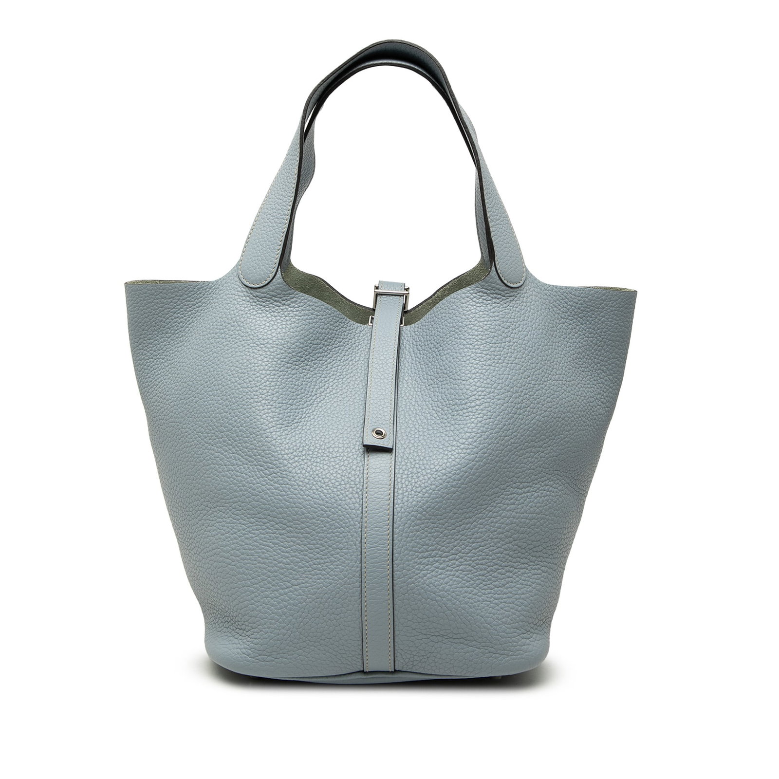 Hermes Picotin Lock 22 Clemence Leather Bag Bleu Lin: Hermes Picotin Lock 22 Clemence Leather Bag Bleu Lin Hermes Picotin Lock 22 in Bleu Lin Clemence leather with flat leather handles and an open top with a flat strap and buckle closure. Condition AB. N