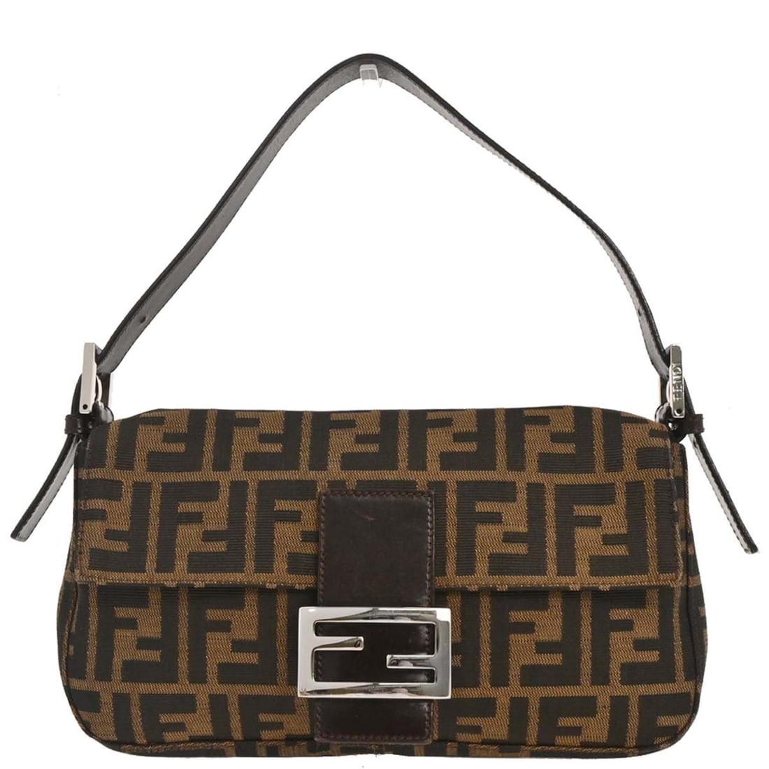 Fendi Baguette Zucca Canvas Shoulder Bag Brown 2305.26424.099: Fendi Baguette Zucca Canvas Shoulder Bag Brown 2305.26424.099 Fendi Zucca Baguette handbag in brown canvas with leather trim and silver-tone hardware. This medium shoulder bag features a magnetic clos