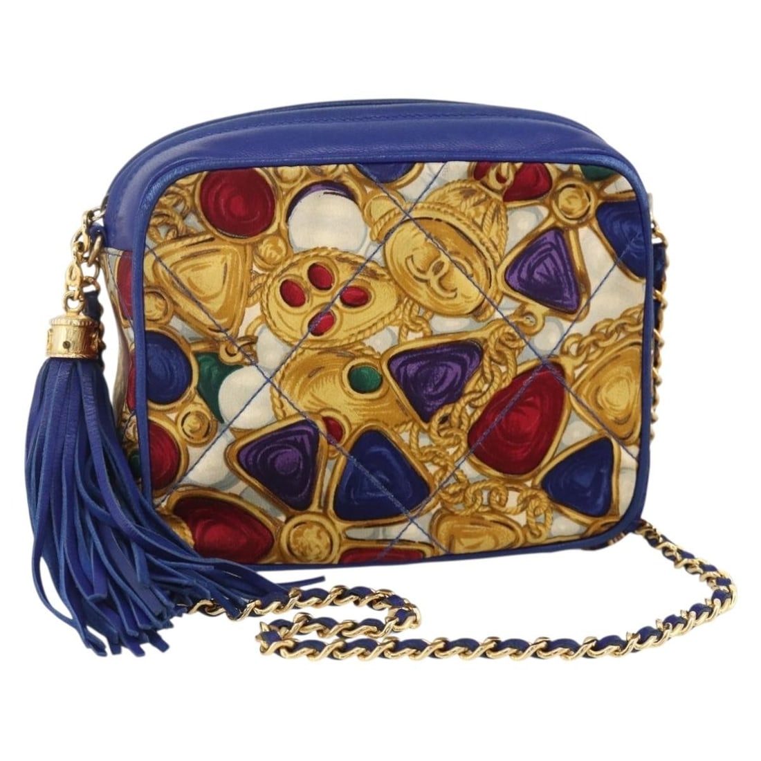 CHANEL CC Matelasse Satin Shoulder Bag Blue Gold Tone with Guarantee Card: CHANEL CC Matelasse Satin Shoulder Bag Blue Gold Tone with Guarantee Card Chanel Matelasse chain shoulder bag in blue satin with gold-tone accents. It comes with a guarantee card and was made in Italy