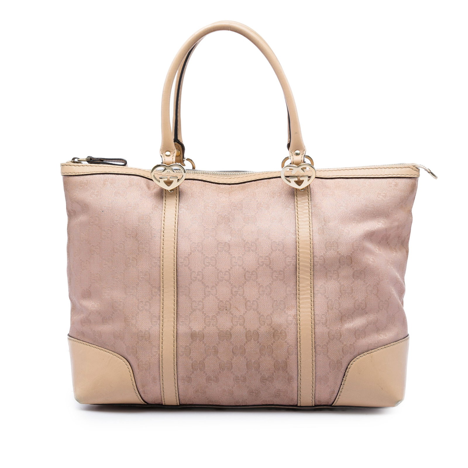 Gucci Lovely Tote pink GG metallic canvas handbag: Gucci Lovely Tote pink GG metallic canvas handbag Gucci GG Metallic Canvas Lovely Tote in pink canvas with leather trim and rolled leather handles. The bag features a top zip closure and an interior w
