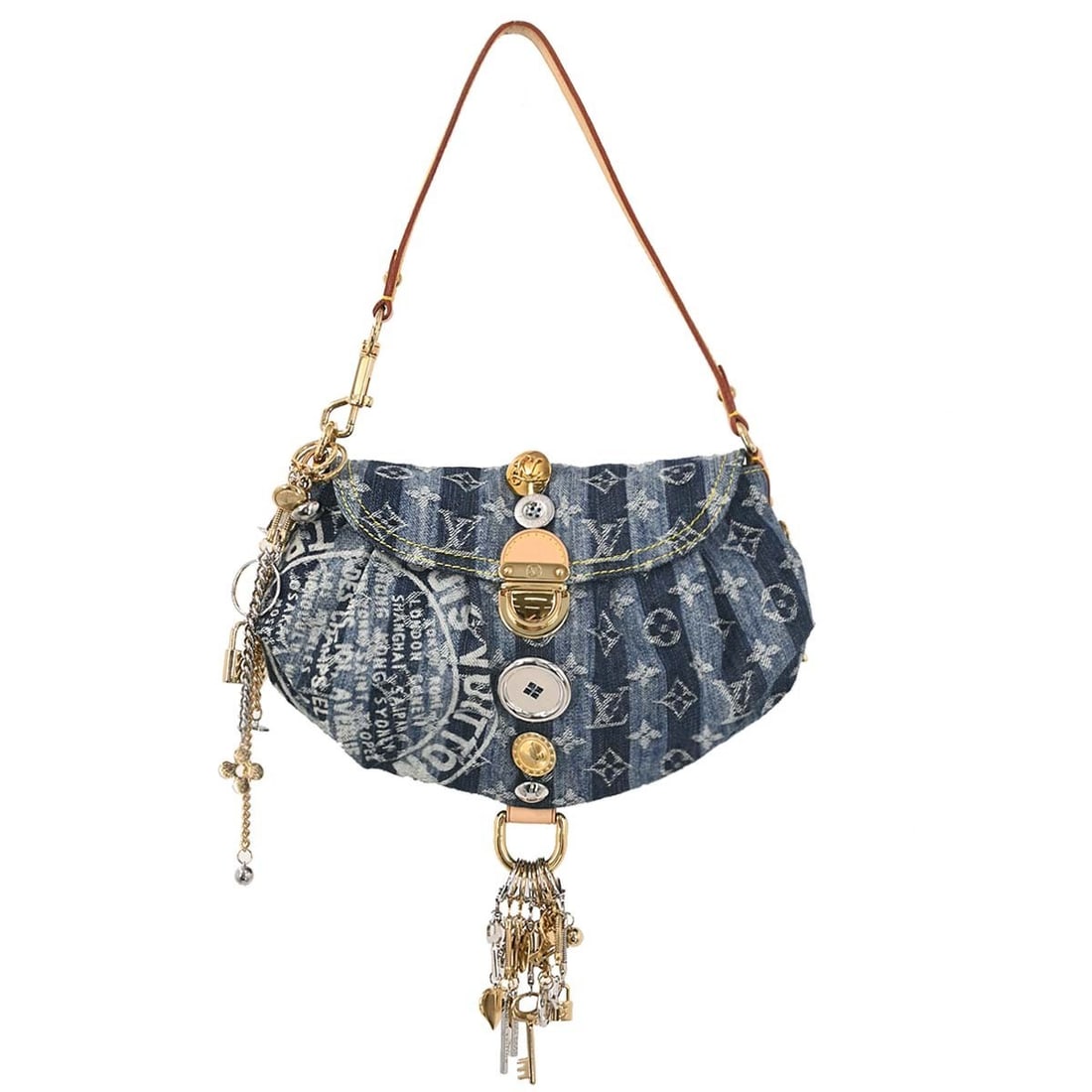 Louis Vuitton Mini Pleaty Raye Blue Monogram Denim Top Handle Bag M95332: Louis Vuitton Mini Pleaty Raye Blue Monogram Denim Top Handle Bag M95332 Louis Vuitton Mini Pleaty Raye handbag in blue Monogram denim with leather trim and a top handle silhouette. This small handbag