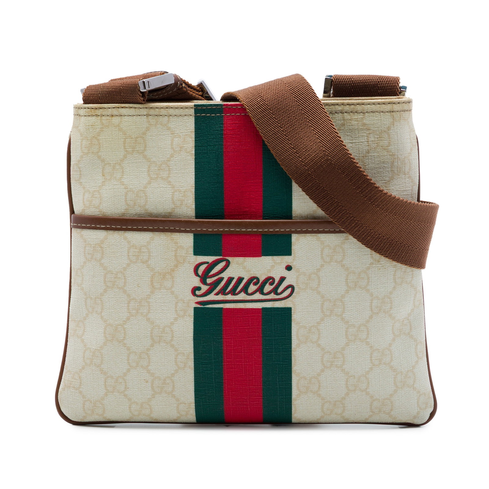 Gucci GG Supreme Web coated canvas crossbody bag: Gucci GG Supreme Web coated canvas crossbody bag Gucci GG Supreme Web Crossbody bag crafted with a coated canvas body and leather trim. It features an adjustable flat strap, an open top with magnetic 