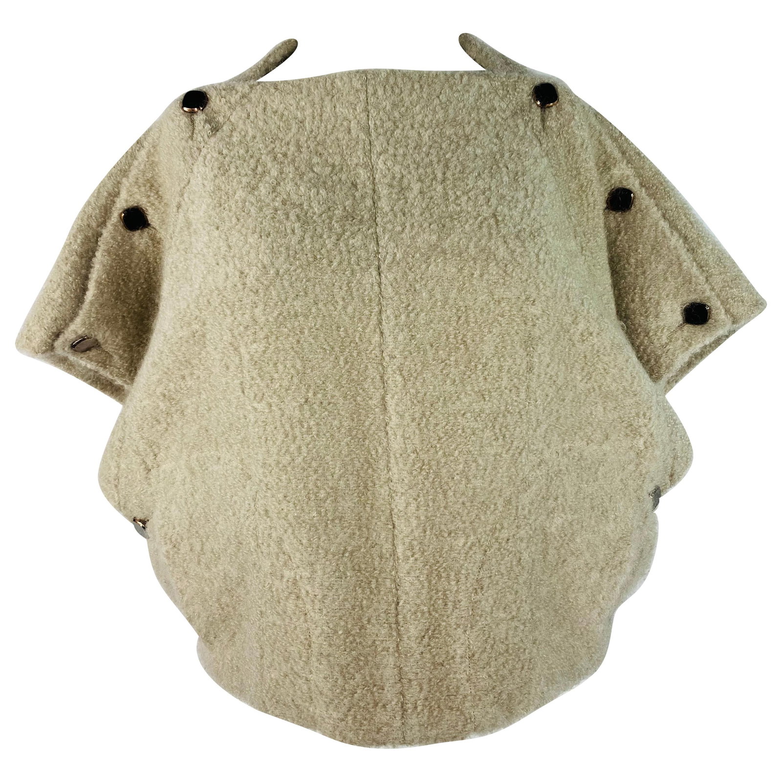 Beige Short Sleeve Sweater Poncho Top Made in Italy: Beige Short Sleeve Sweater Poncho Top Made in Italy Beige short-sleeve sweater top poncho with rose gold finish hardware, rounded square buttons, and side pockets. Made in Italy and dating to the late
