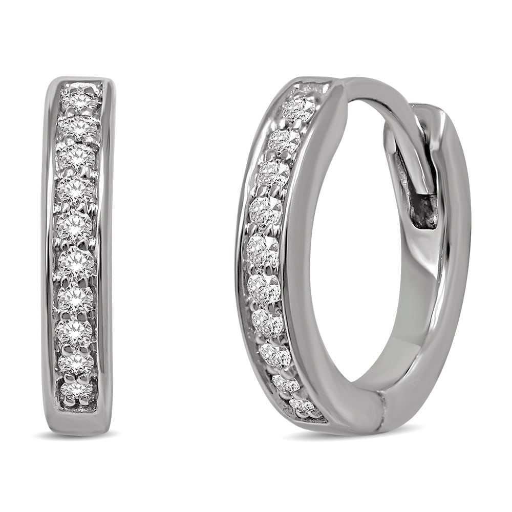 10K White Gold 2/5 Ct.tw Diamond Hoop Earrings: 10K White Gold 2/5 Ct.tw Diamond Hoop Earrings These 10K White Gold hoop Earrings are perfeCt.Tw.ly charming with diamond accent. Dazzling round cut 2/5 Ct.Tw. diamonds take these simple hoops from sw