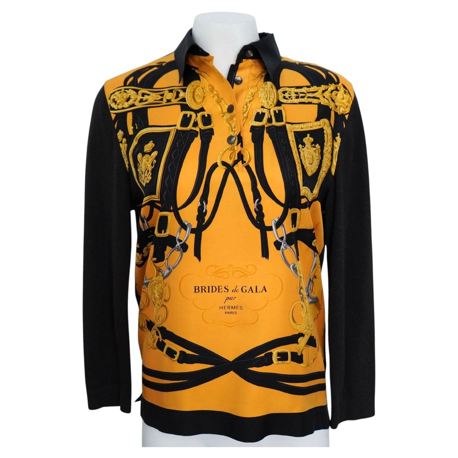 Hermes Brides de Gala collared blouse silk front black knit small (1 of 10)