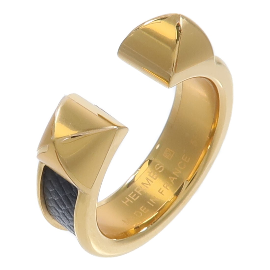 Hermes Athena Double Stud Ring Black Madame Leather Gold Tone Size 7: Hermes Athena Double Stud Ring Black Madame Leather Gold Tone Size 7 Hermes Athena double stud ring in black Madame leather and calfskin with metal accents. This women's ring features a black and gold