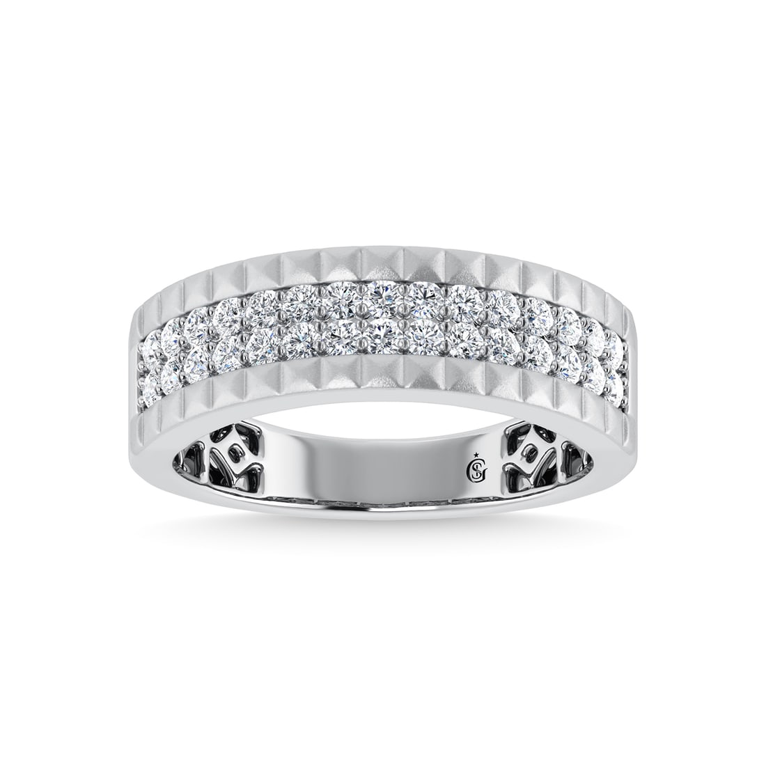 14K White Gold Diamond 1/2 Ct.Tw. Mens Band: 14K White Gold Diamond 1/2 Ct.Tw. Mens Band 14k White Gold Stone Color: G-h Stone Clarity: I1-i2 Each ring is presented in standard size 6.5. Complimentary resizing is available between sizes 510 (in 