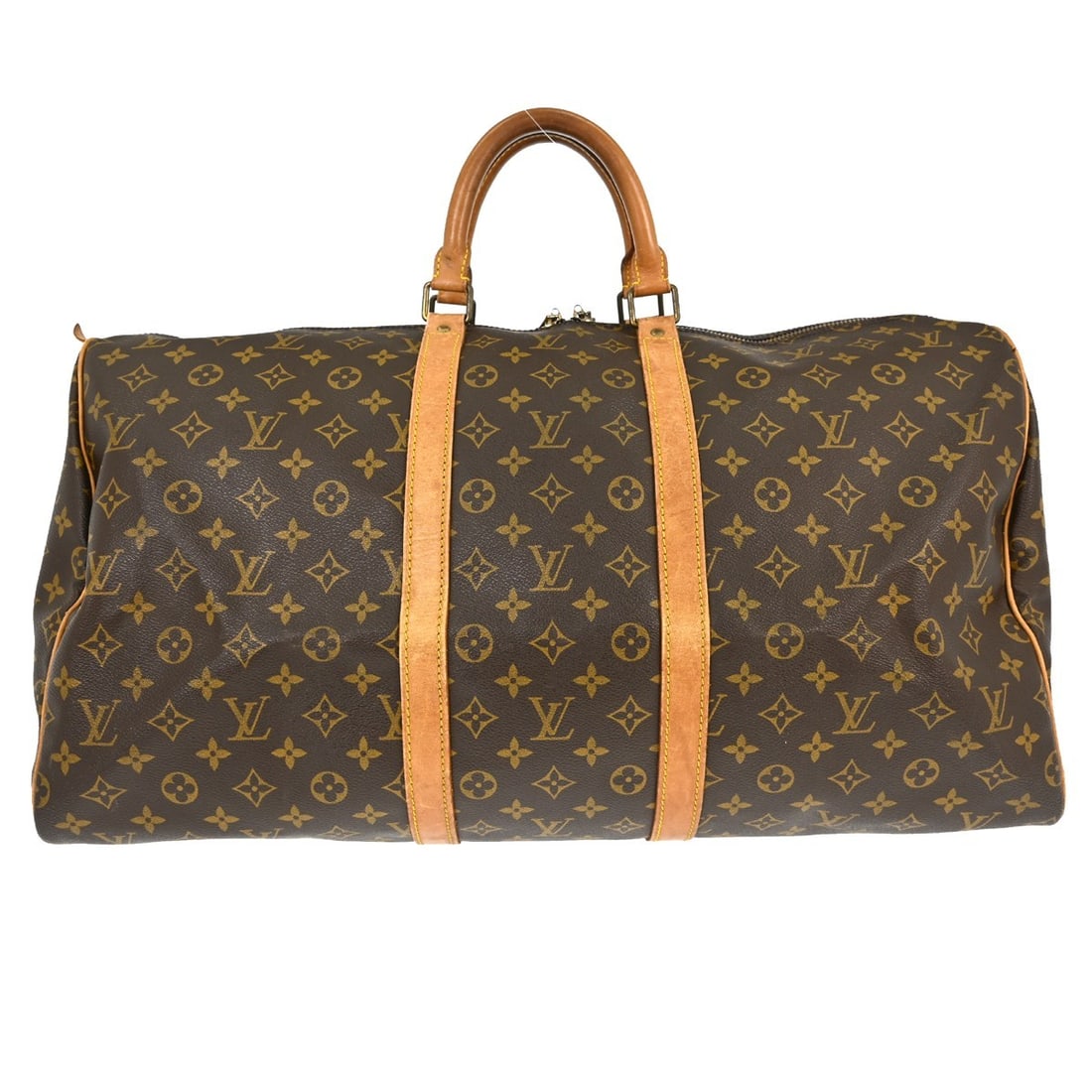 Louis Vuitton Keepall unisex brown canvas travel bag: Louis Vuitton Keepall unisex brown canvas travel bag Louis Vuitton Keepall Monogram travel bag in brown canvas. This unisex piece is made in France and shows overall fair condition, with light scuffs,