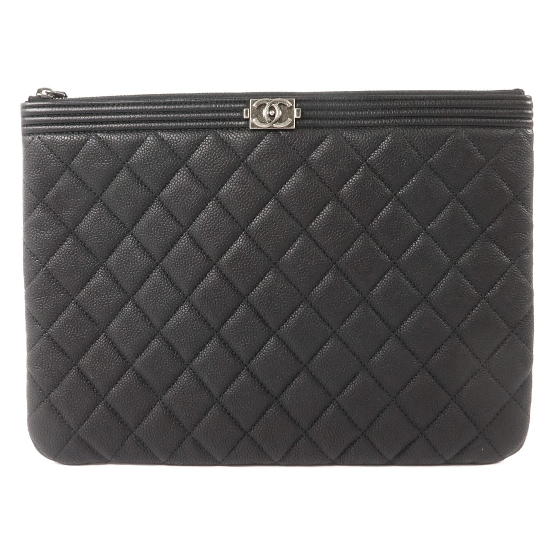 CHANEL Boy Chanel Black Calfskin Clutch with CC Silver Tone Hardware: CHANEL Boy Chanel Black Calfskin Clutch with CC Silver Tone Hardware Boy Chanel clutch bag in black calfskin leather with CC hardware. This women's clutch includes a hologram sticker and guarantee car