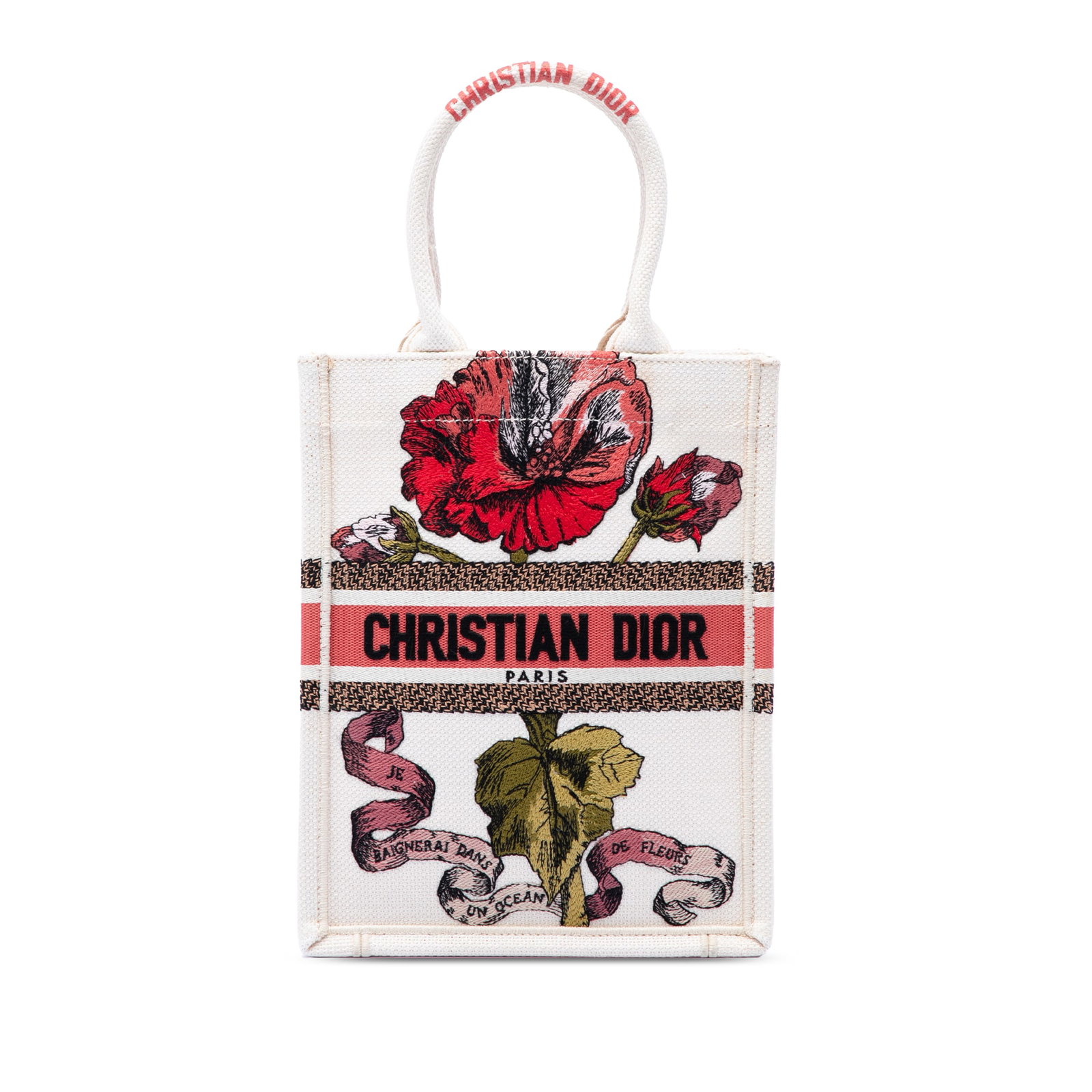 Dior Fleurs Bibliques Vertical Book Tote embroidered canvas bag: Dior Fleurs Bibliques Vertical Book Tote embroidered canvas bag Dior Fleurs Bibliques Vertical Book Tote in embroidered canvas with rolled handles and an open top. Made in Italy, this brown fabric bag