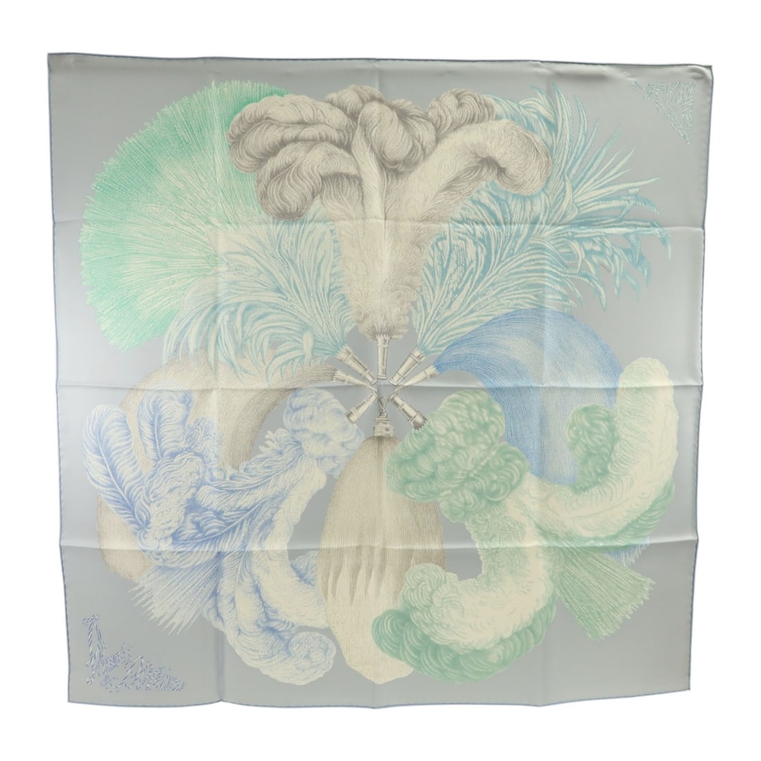 HERMES Silk Scarf 90x90 Light Blue Green Grey Multicolor: HERMES Silk Scarf 90x90 Light Blue Green Grey Multicolor A Hermes silk scarf in a 90 cm x 90 cm square format, presented in light blue, light green, grey, and multicolor tones. It is described as a wo
