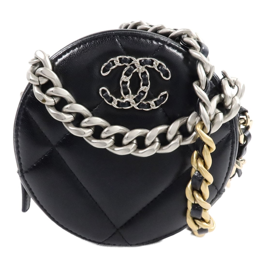 CHANEL AP0945 Chanel 19 Round Shoulder Bag Black Lambskin: CHANEL AP0945 Chanel 19 Round Shoulder Bag Black Lambskin Chanel 19 round chain shoulder bag in black lambskin leather with a compact structured silhouette and chain strap. The interior features two o