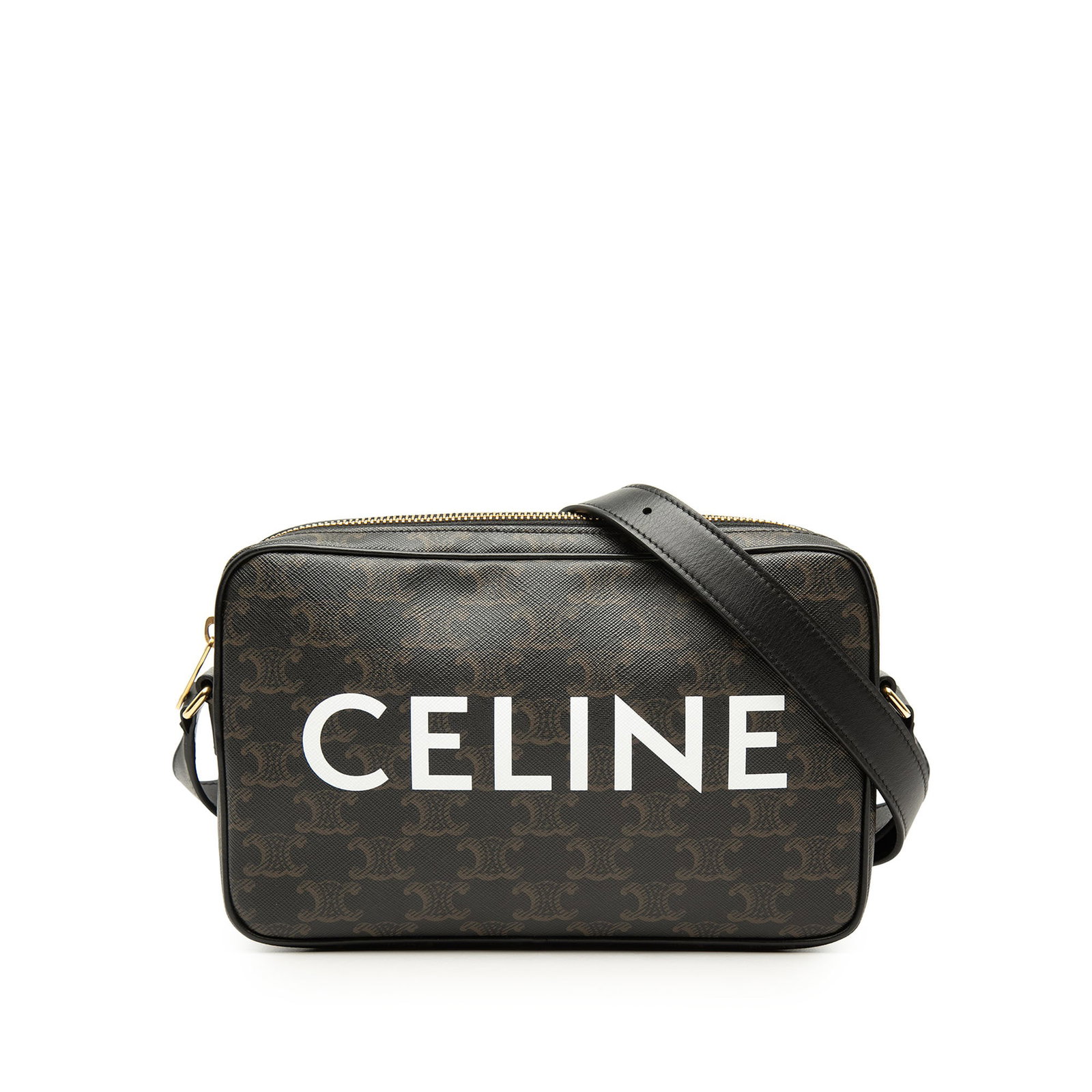 Celine Medium Triomphe crossbody bag in black coated canvas: Celine Medium Triomphe crossbody bag in black coated canvas Medium Triomphe coated canvas logo crossbody bag with an adjustable flat leather shoulder strap, top zip closure, and an interior slip pocke