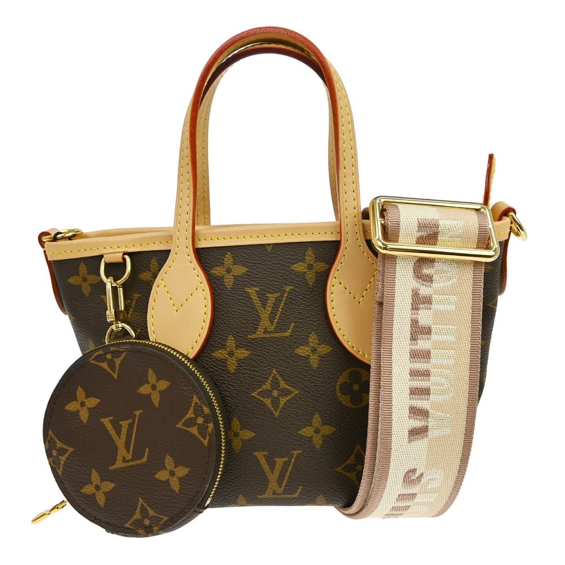 Louis Vuitton Neverfull BB Monogram 2Way Shoulder Bag with Coin Purse: Louis Vuitton Neverfull BB Monogram 2Way Shoulder Bag with Coin Purse Louis Vuitton Monogram Neverfull BB 2-way handbag in brown monogram canvas with beige lining. This women's small bag features a zi