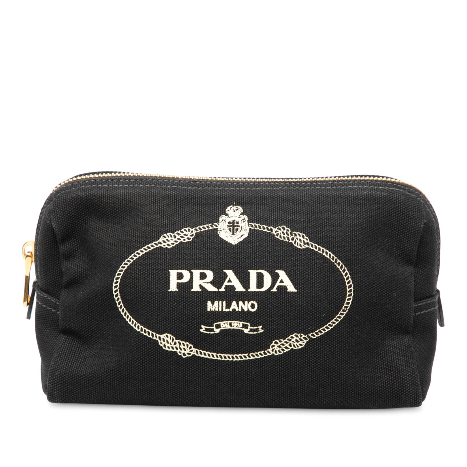 Prada Black Canvas Canapa Logo Pouch with Zip Closure: Prada Black Canvas Canapa Logo Pouch with Zip Closure The Prada Canvas Canapa Logo Pouch is a stylish and functional accessory designed for everyday use. It features a durable canvas body in a classic