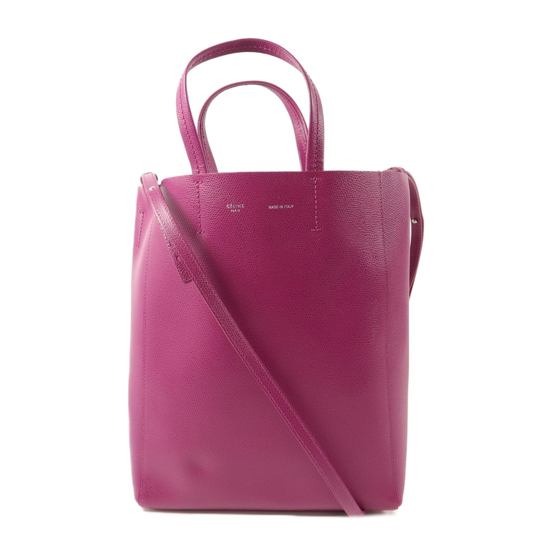 CELINE Small Vertical Cabas 2 Way Shoulder Bag Purple Calfskin: CELINE Small Vertical Cabas 2 Way Shoulder Bag Purple Calfskin A CELINE Small Vertical Cabas 2-way shoulder bag in purple calfskin leather. This women's regular-size bag features a structured vertical