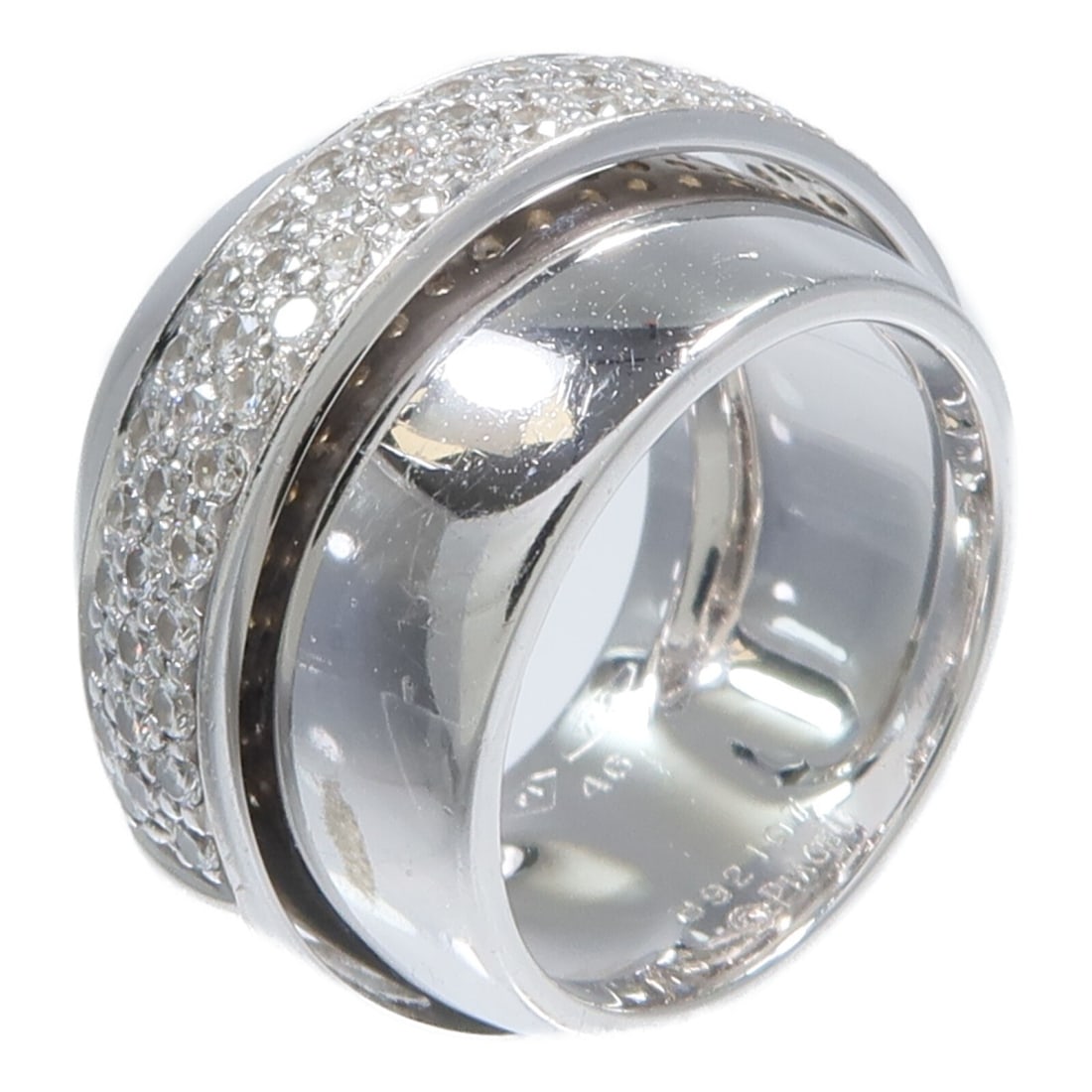 Piaget Possession 18K White Gold Diamond Ring Size 3.5: Piaget Possession 18K White Gold Diamond Ring Size 3.5 Piaget Possession ring in 18K white gold with diamond accents. The ring is size 3.5 and features an engraved 46. It is in very good AB condition 