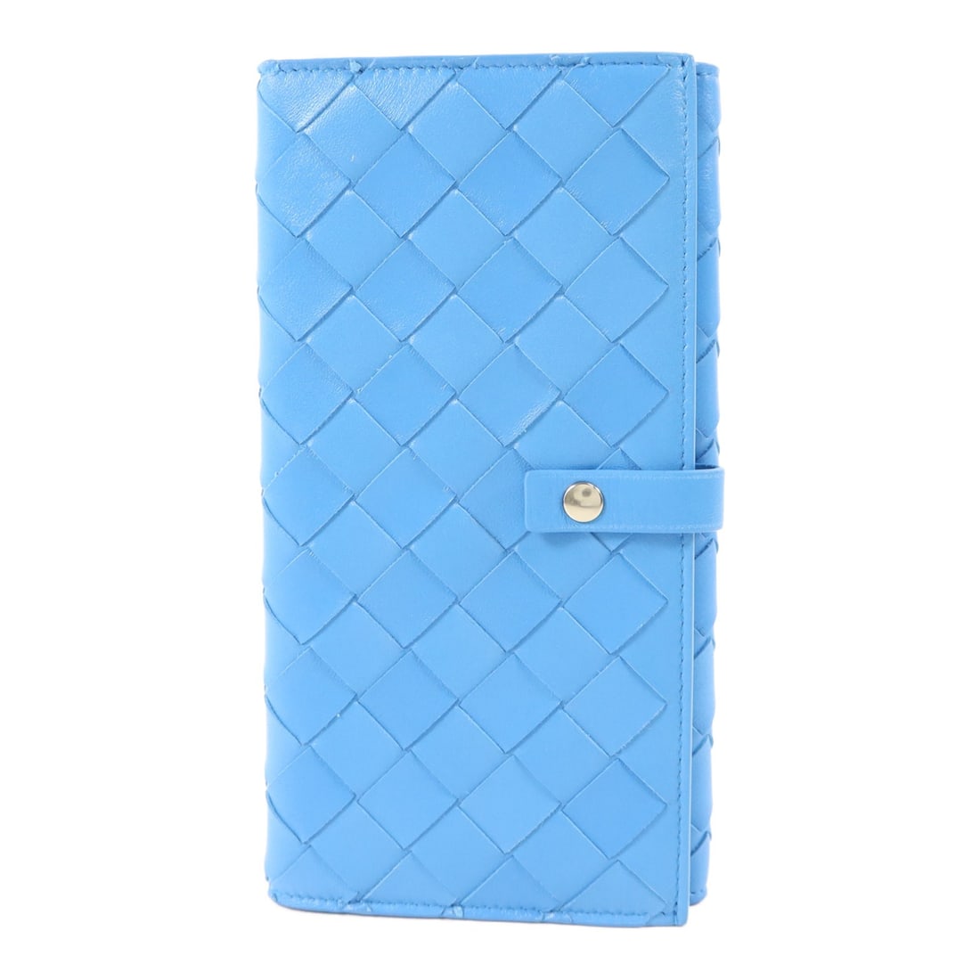 Bottega Veneta 608072 Intrecciato Bifold Wallet Blue Calfskin Leather: Bottega Veneta 608072 Intrecciato Bifold Wallet Blue Calfskin Leather Bottega Veneta long bifold wallet in blue Intrecciato leather, model 608072. It features a hook button closure and a practical int