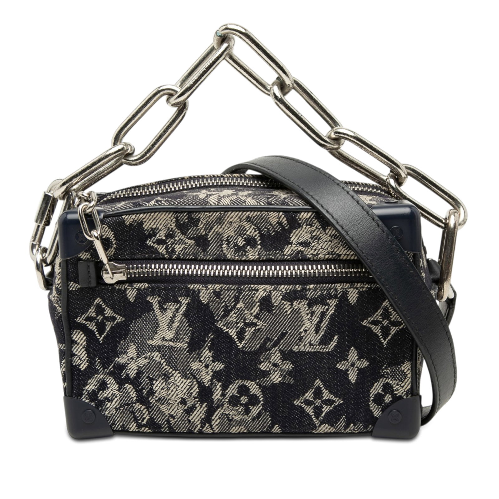 Louis Vuitton Soft Trunk Monogram Tapestry Blue Crossbody Bag: Louis Vuitton Soft Trunk Monogram Tapestry Blue Crossbody Bag Louis Vuitton Monogram Tapestry Soft Trunk bag crafted with a monogram canvas body and leather trim. It features a top zip closure, an adj