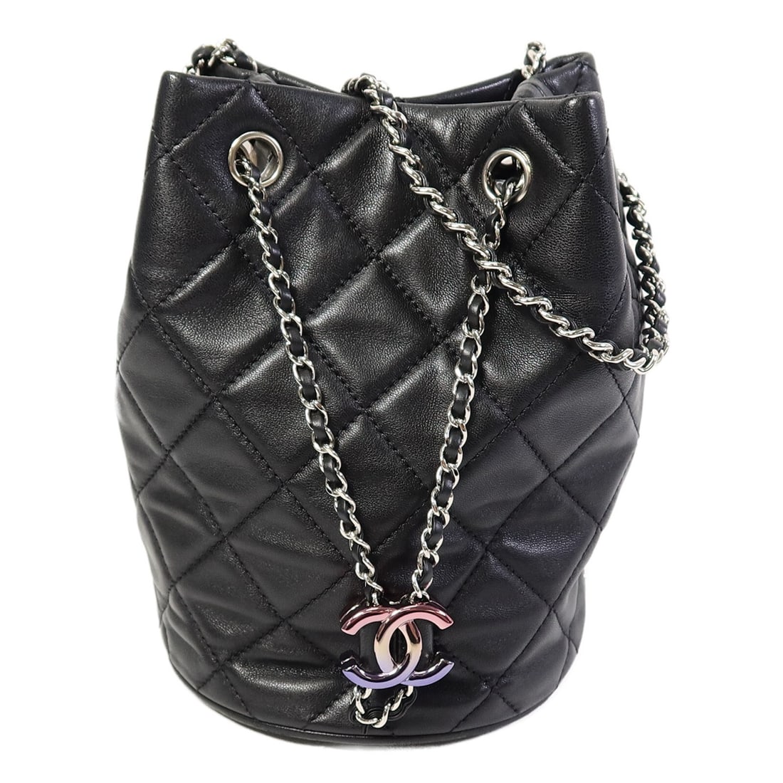 CHANEL CC Lambskin 2 Way Bucket Shoulder Bag Black SHW: CHANEL CC Lambskin 2 Way Bucket Shoulder Bag Black SHW Chanel CC bucket bag in black lambskin leather with a 2-way shoulder design. This women's shoulder bag features a compact structured silhouette, 