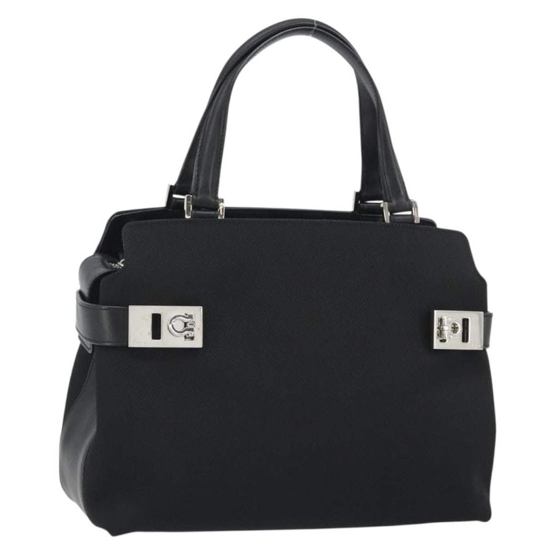 Salvatore Ferragamo Canvas Hand Bag Black Silver With Shoulder Strap: Salvatore Ferragamo Canvas Hand Bag Black Silver With Shoulder Strap Salvatore Ferragamo women's handbag in black and silver canvas, made in Italy. This handbag includes a shoulder strap and presents 