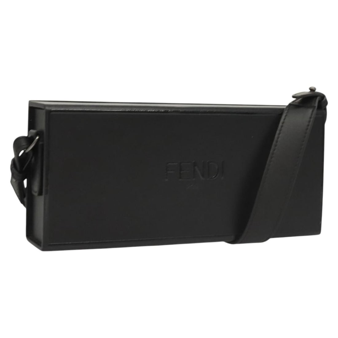 FENDI leather shoulder bag in black with silver tone hardware: FENDI leather shoulder bag in black with silver tone hardware Fendi Box Shoulder Bag in black and silver leather, made in Italy. This women's shoulder bag features a compact box shape with a 19.7 inch