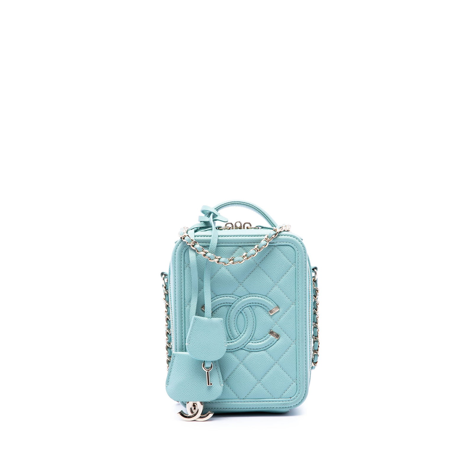 Chanel CC Filigree Vertical Vanity Case in Blue Caviar Leather: Chanel CC Filigree Vertical Vanity Case in Blue Caviar Leather Chanel Caviar CC Filigree Vertical Vanity Case in blue leather with a structured silhouette. This bag features a flat top handle, a leath