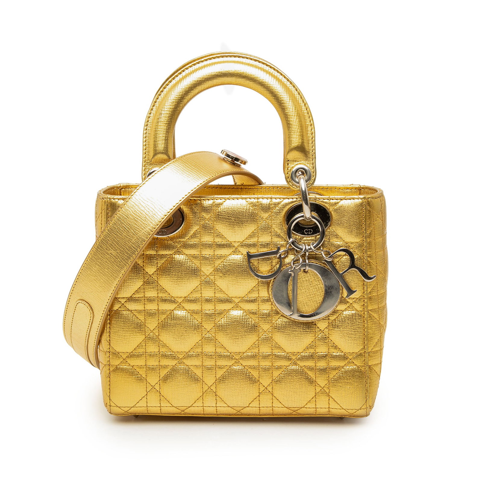 Dior My ABCDior Lady Dior small grained calfskin bag gold: Dior My ABCDior Lady Dior small grained calfskin bag gold Small Lady Dior handbag in metallic grained calfskin leather with Cannage quilting. This bag features flat leather top handles, a detachable f