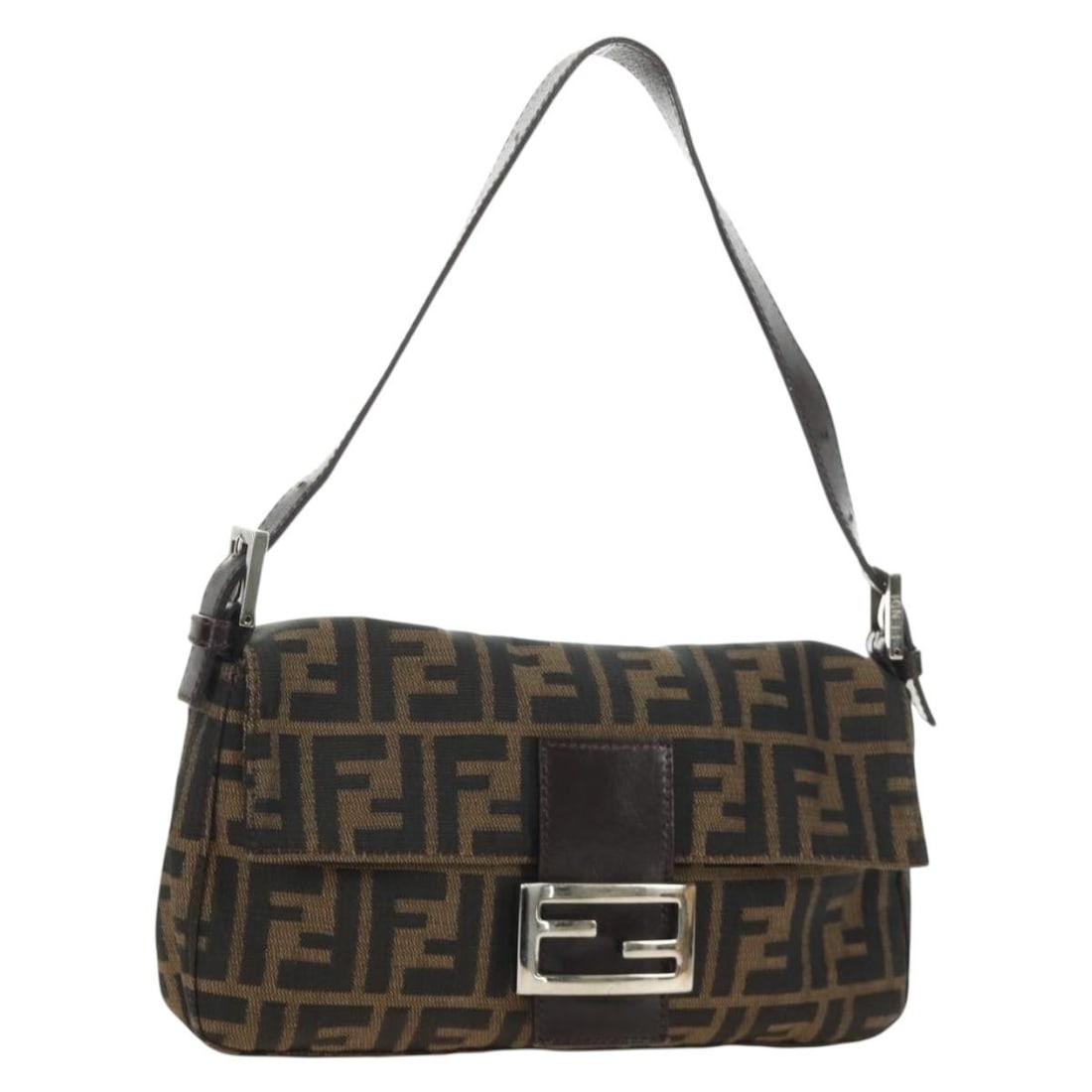 FENDI Mamma Baguette Shoulder Bag in Black Brown Zucca Canvas: FENDI Mamma Baguette Shoulder Bag in Black Brown Zucca Canvas Authentic FENDI Mamma Baguette shoulder bag in black and brown Zucca canvas. This women's bag is made in Italy and includes a dust bag. Co