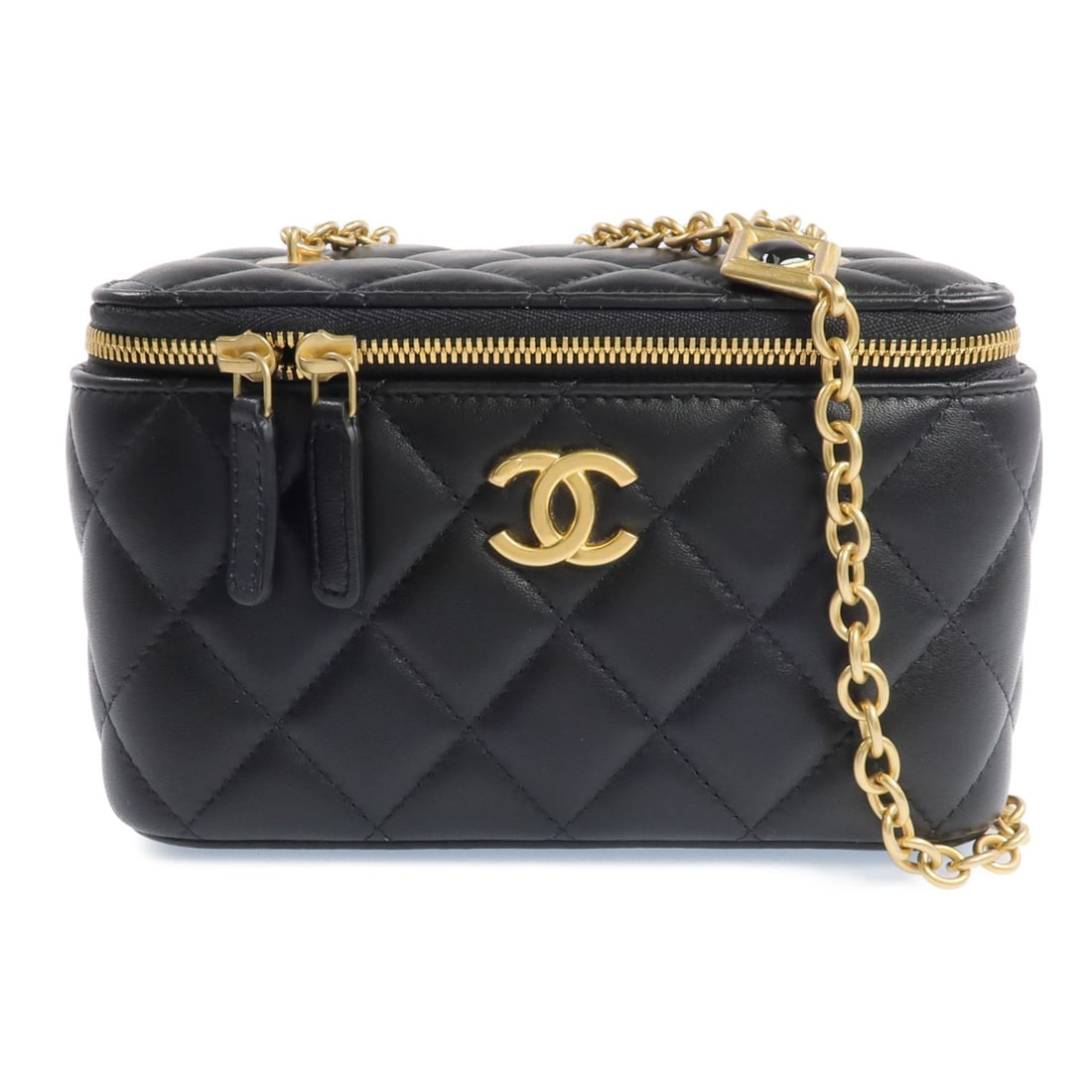 CHANEL AP3258 CC Vanity Case Shoulder Bag Black Lambskin GHW: CHANEL AP3258 CC Vanity Case Shoulder Bag Black Lambskin GHW Compact Chanel vanity case shoulder bag in black lambskin leather with CC GHW styling. This women's shoulder bag features a structured vani