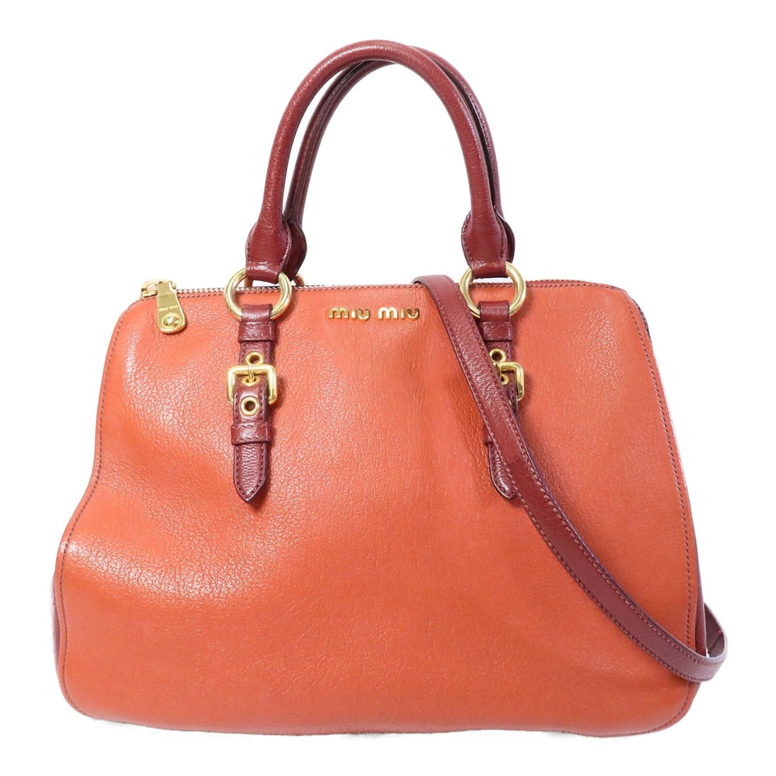 Miu Miu 2 Way Shoulder Bag Lambskin Orange Red Gold Hardware: Miu Miu 2 Way Shoulder Bag Lambskin Orange Red Gold Hardware Miu Miu 2-way shoulder bag in orange/red lambskin leather with a structured frame design. This women's bag includes a top handle and a deta