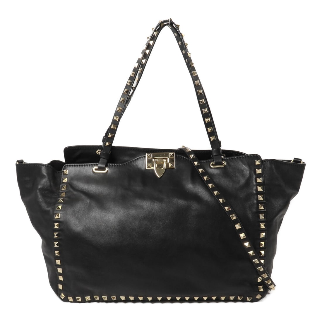 Valentino black lambskin 2 way shoulder tote bag with strap: Valentino black lambskin 2 way shoulder tote bag with strap Valentino 2-way tote and shoulder bag in black lambskin leather. This women's bag features a structured design with dual carrying options, a
