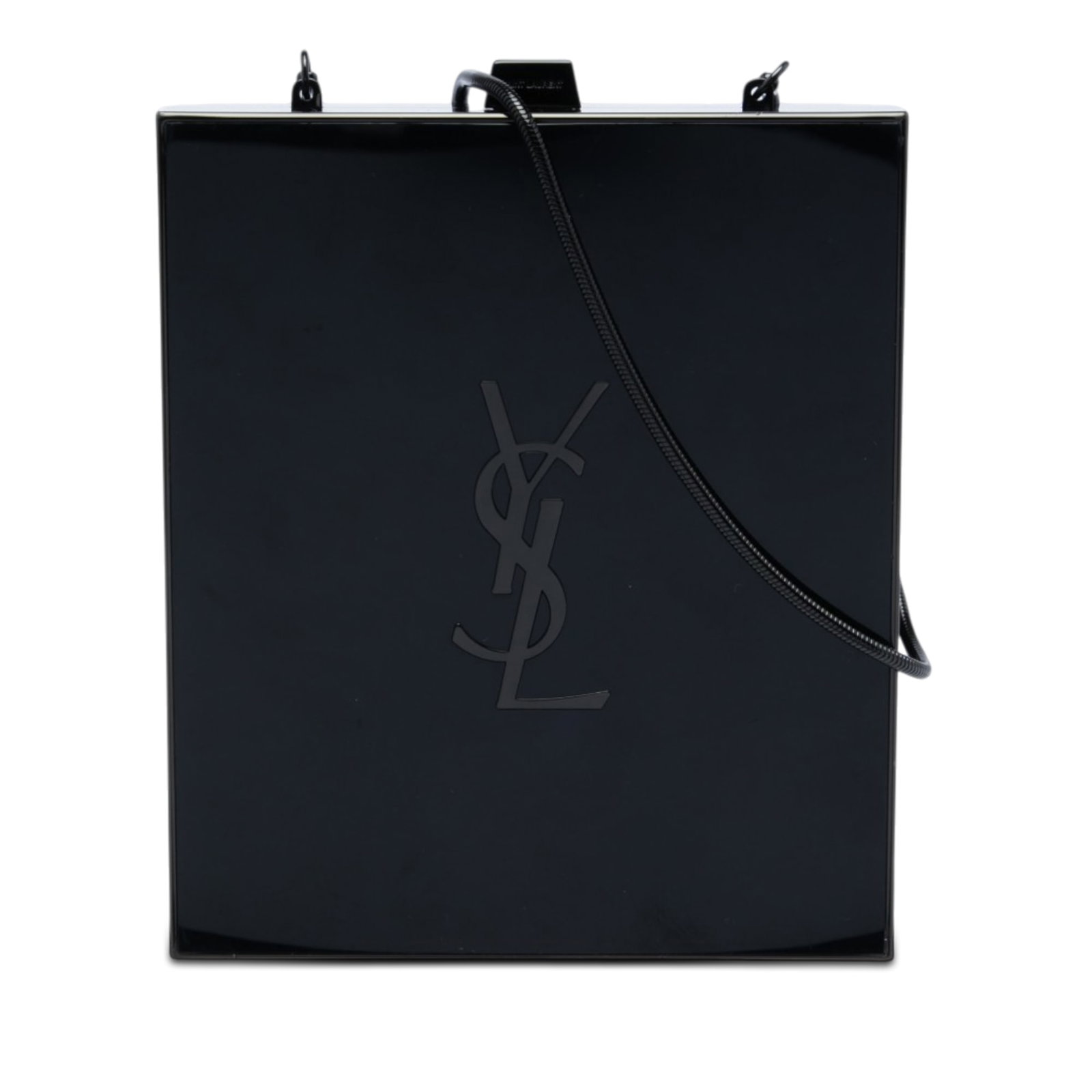 Saint Laurent Tuxedo Chain Box Clutch in Black Acrylic: Saint Laurent Tuxedo Chain Box Clutch in Black Acrylic Saint Laurent Acrylic Tuxedo Box Clutch on Chain in black with an acrylic body, snake link chain strap, and top clasp closure. Made in Italy. Con