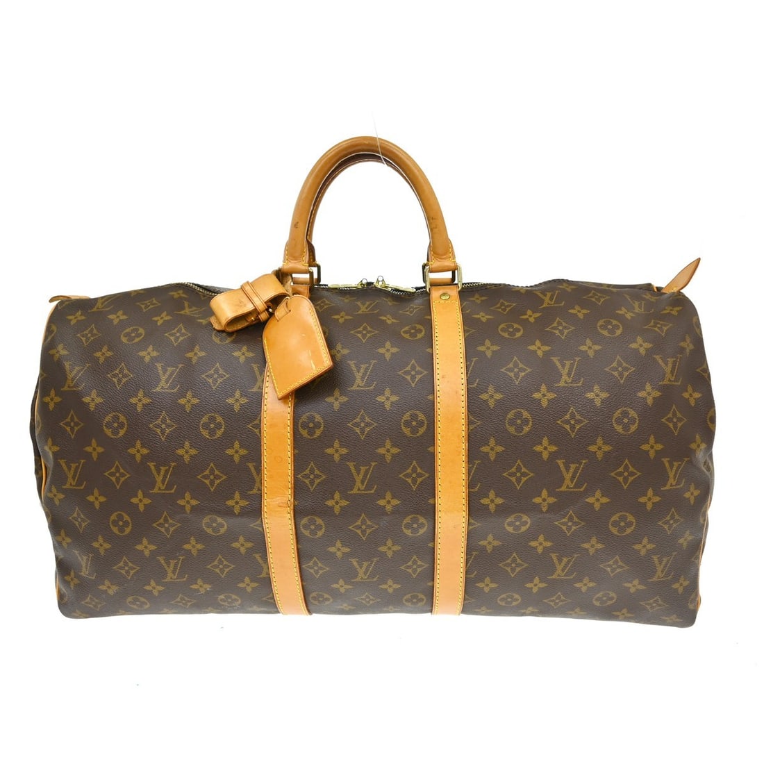 Louis Vuitton Keepall 55 Monogram Canvas Duffle Bag M41424: Louis Vuitton Keepall 55 Monogram Canvas Duffle Bag M41424 Vintage Louis Vuitton Keepall 55 travel handbag in Monogram canvas with leather trim and double handles. This extra-large duffle-style bag fe