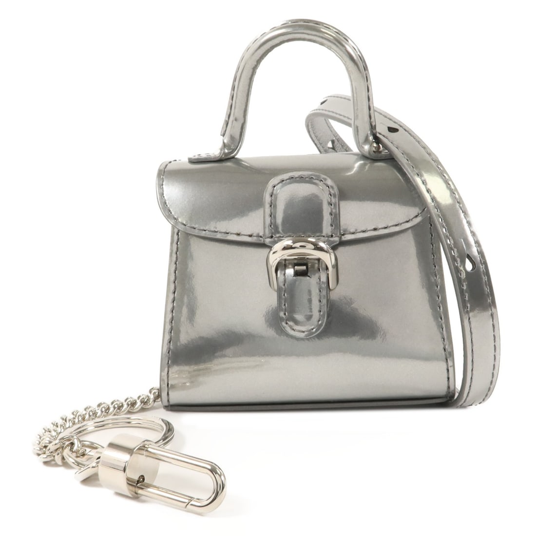 Delvaux Brillant Charms Patent Leather Shoulder Bag Silver SHW: Delvaux Brillant Charms Patent Leather Shoulder Bag Silver SHW Delvaux Brillant Charms shoulder bag in silver patent leather with silver-tone hardware. This women's bag features a compact structured d