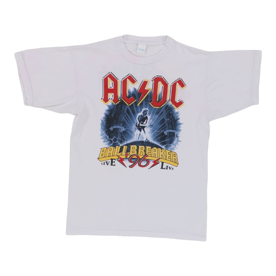 Vintage ACDC Ballbreaker 1996 Tour T Shirt White Cotton: Vintage ACDC Ballbreaker 1996 Tour T Shirt White Cotton Authentic vintage 1996 ACDC Ballbreaker Tour shirt with front and back graphics. This original 1990s shirt is not a modern reproduction. It is i