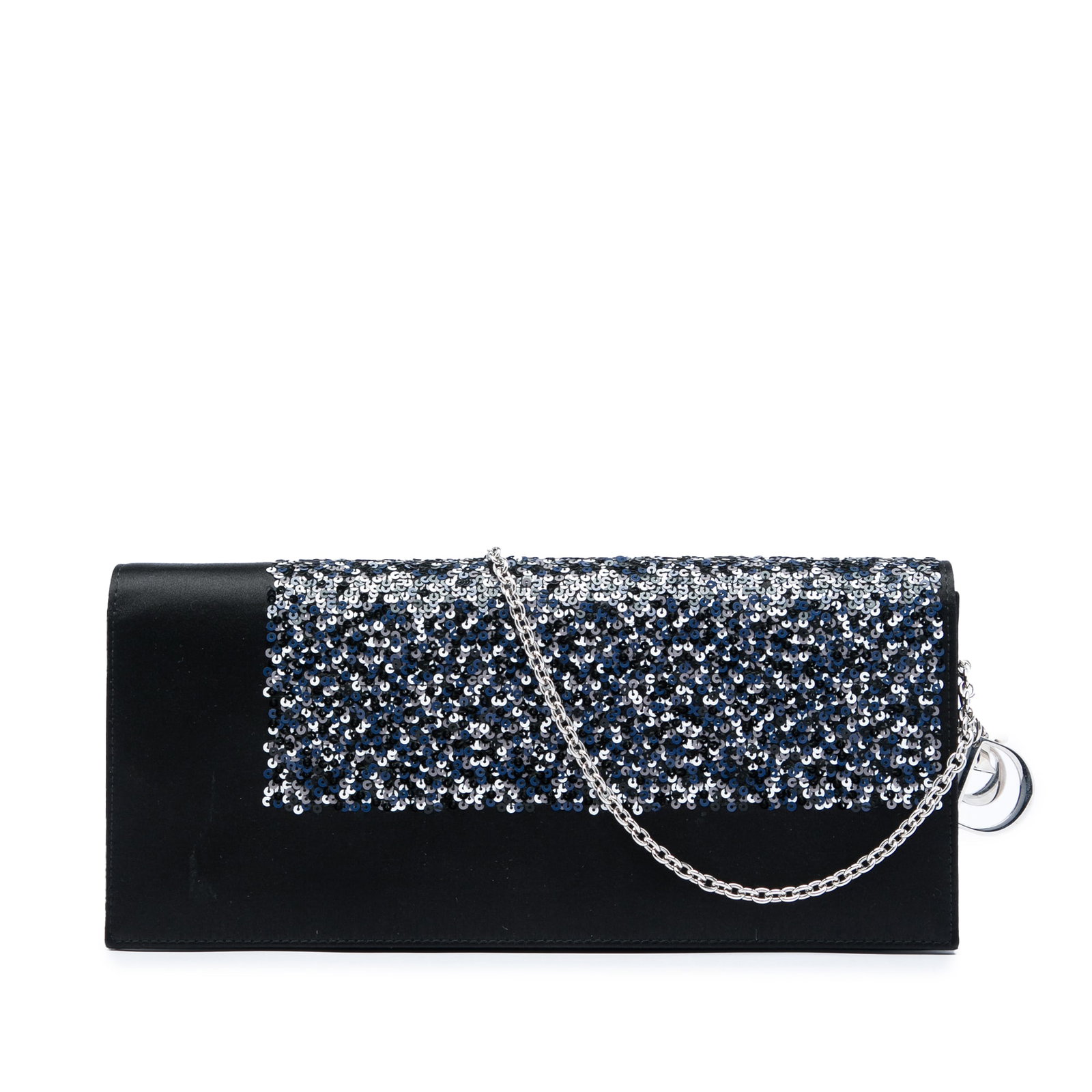Dior Satin Sequin Chain Clutch Crossbody Bag Black: Dior Satin Sequin Chain Clutch Crossbody Bag Black Dior satin sequin clutch with chain in black. This crossbody bag features a satin body with sequin embellishment, a chain link strap, a front flap wi