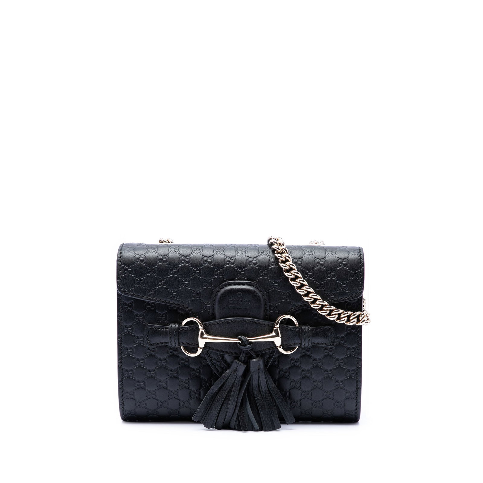Gucci Emily Mini Crossbody Bag Black Microguccissima Leather: Gucci Emily Mini Crossbody Bag Black Microguccissima Leather Gucci Mini Microguccissima Emily Crossbody in black embossed leather. This crossbody bag features a curb chain strap, a front flap with sli