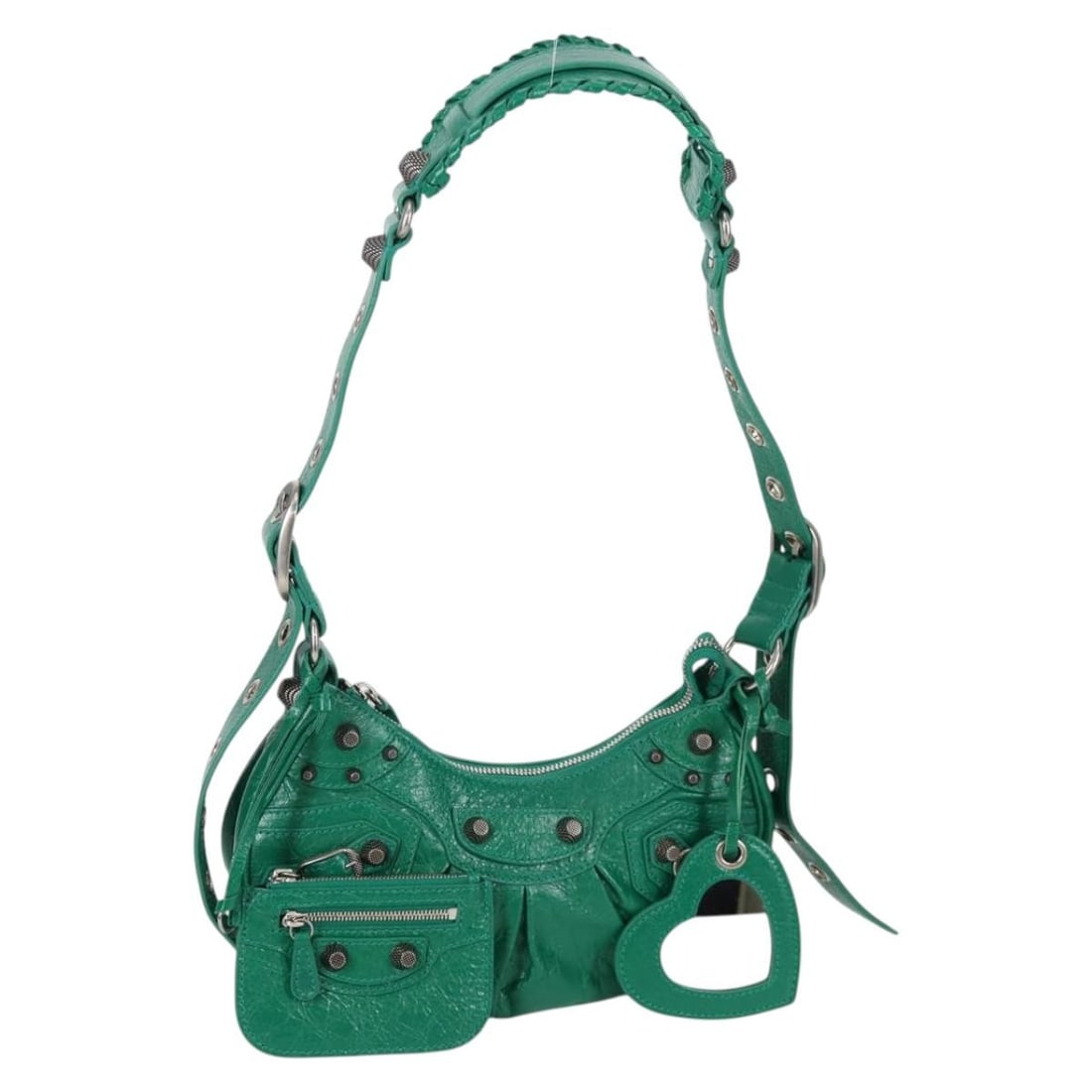 Balenciaga 671309 Le Cagole XS Leather 2way Shoulder Bag Green: Balenciaga 671309 Le Cagole XS Leather 2way Shoulder Bag Green Balenciaga Le Cagole XS shoulder bag in green leather with silver-tone accents. This 2-way style is made in Italy and comes with a dust b