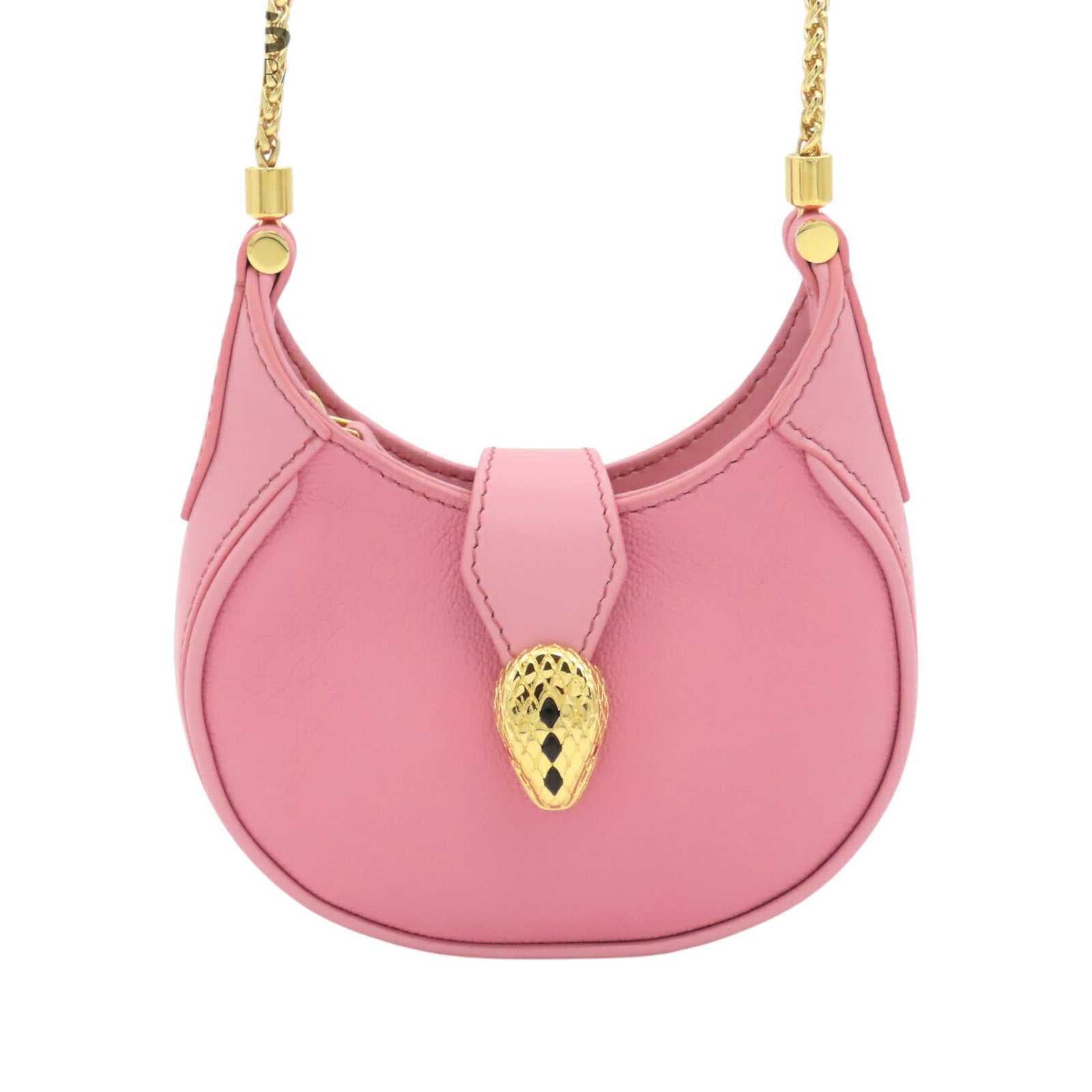 Pink Leather Crossbody Bag Bvlgari Serpenti Ellipse Micro: Pink Leather Crossbody Bag Bvlgari Serpenti Ellipse Micro Compact and structured, this Bvlgari Serpenti Ellipse crossbody is crafted in pink leather with a detachable chain link strap and leather guar