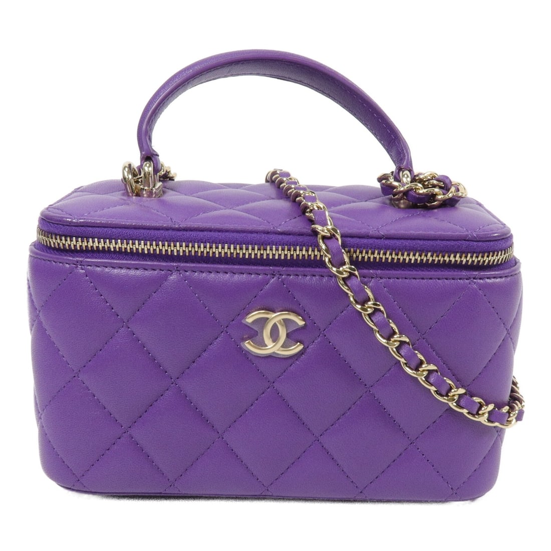 CHANEL AP2199 Purple Lambskin Vanity Top Handle 2Way Shoulder Bag: CHANEL AP2199 Purple Lambskin Vanity Top Handle 2Way Shoulder Bag CHANEL 2way shoulder bag vanity case in purple lambskin (sheep leather) with top handle and CC GHW details. It features a fastener