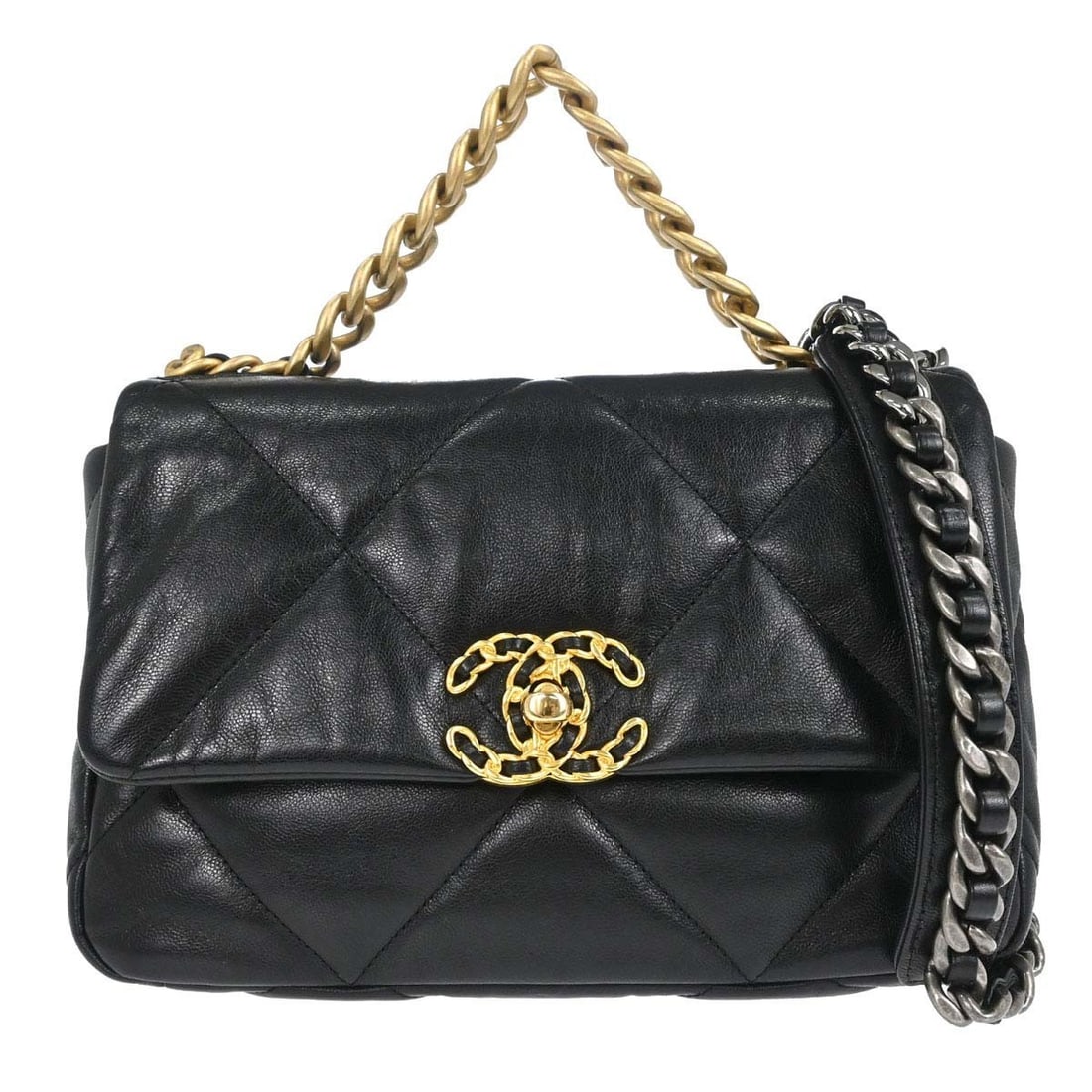 CHANEL 19 Medium Black Lambskin Flap Bag with Top Handle: CHANEL 19 Medium Black Lambskin Flap Bag with Top Handle Chanel Dix-neuf 19 Flap 2-way handbag in black lambskin leather with a turn-lock closure and top handle design. This medium women's bag is