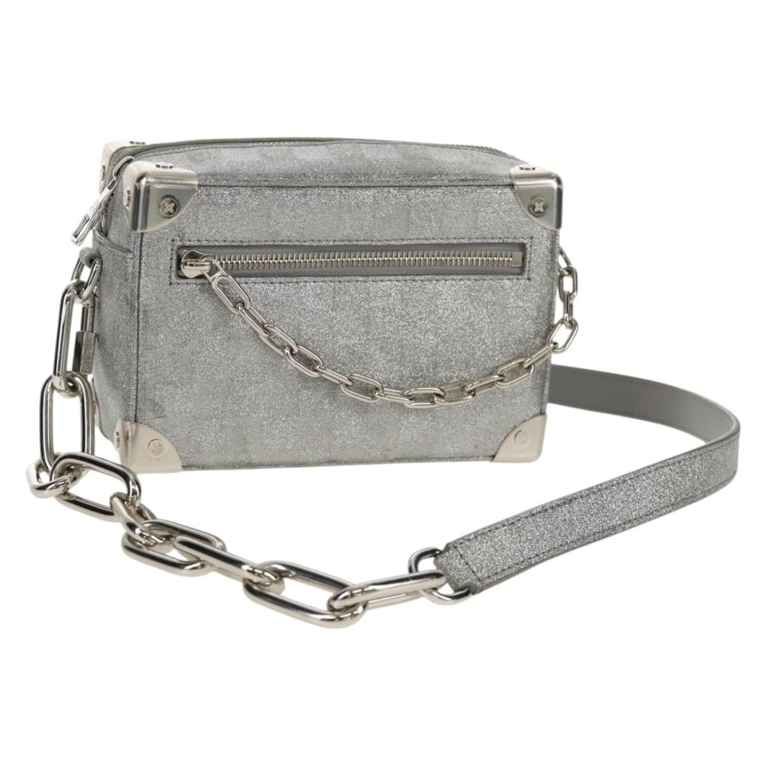 Louis Vuitton Mini Soft Trunk Shoulder Bag Silver Damier Canvas M59726: Louis Vuitton Mini Soft Trunk Shoulder Bag Silver Damier Canvas M59726 This Louis Vuitton Damier Glitter Mini Soft Trunk Bag features a silver Damier Ebene canvas exterior with a structured