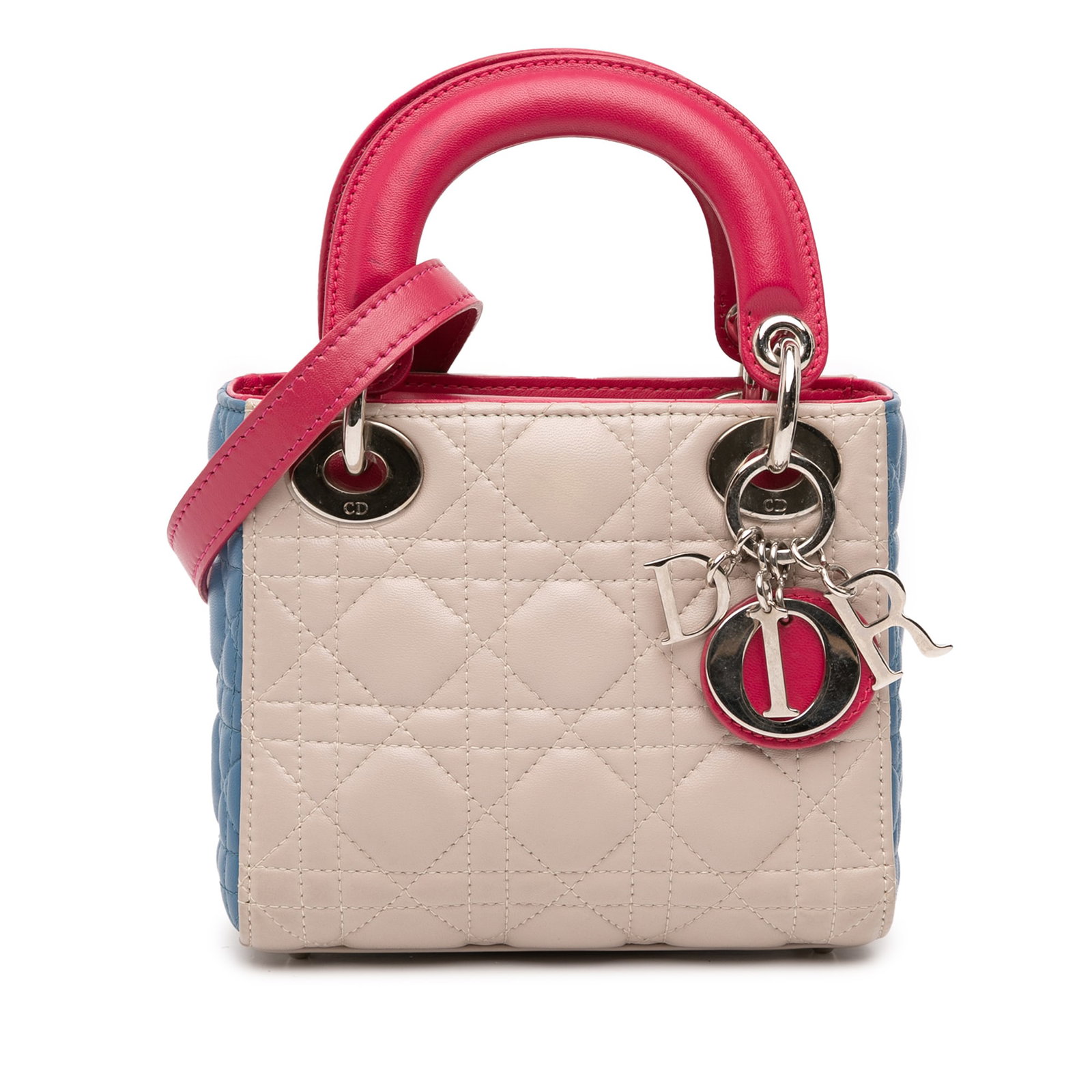 Dior Mini Tricolor Lambskin Cannage Lady Dior Bag: Dior Mini Tricolor Lambskin Cannage Lady Dior Bag This exquisite Mini Lady Dior bag showcases a beautifully quilted lambskin leather body in a rich brown hue. Designed with flat leather top handles an